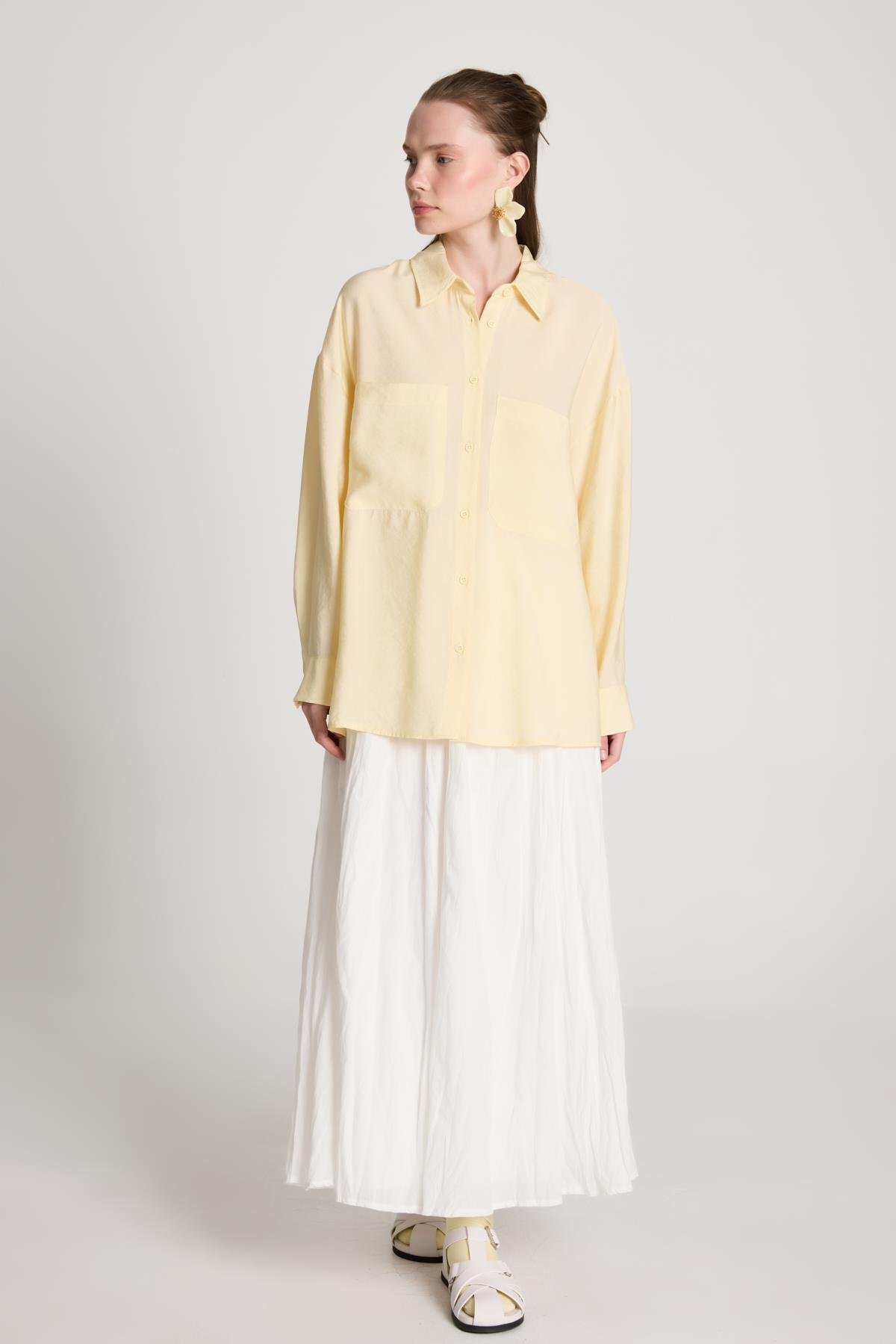 Kadın Sarı %100 Modal Kumaş Cep Detaylı Oversize Uzun Gömlek 29108