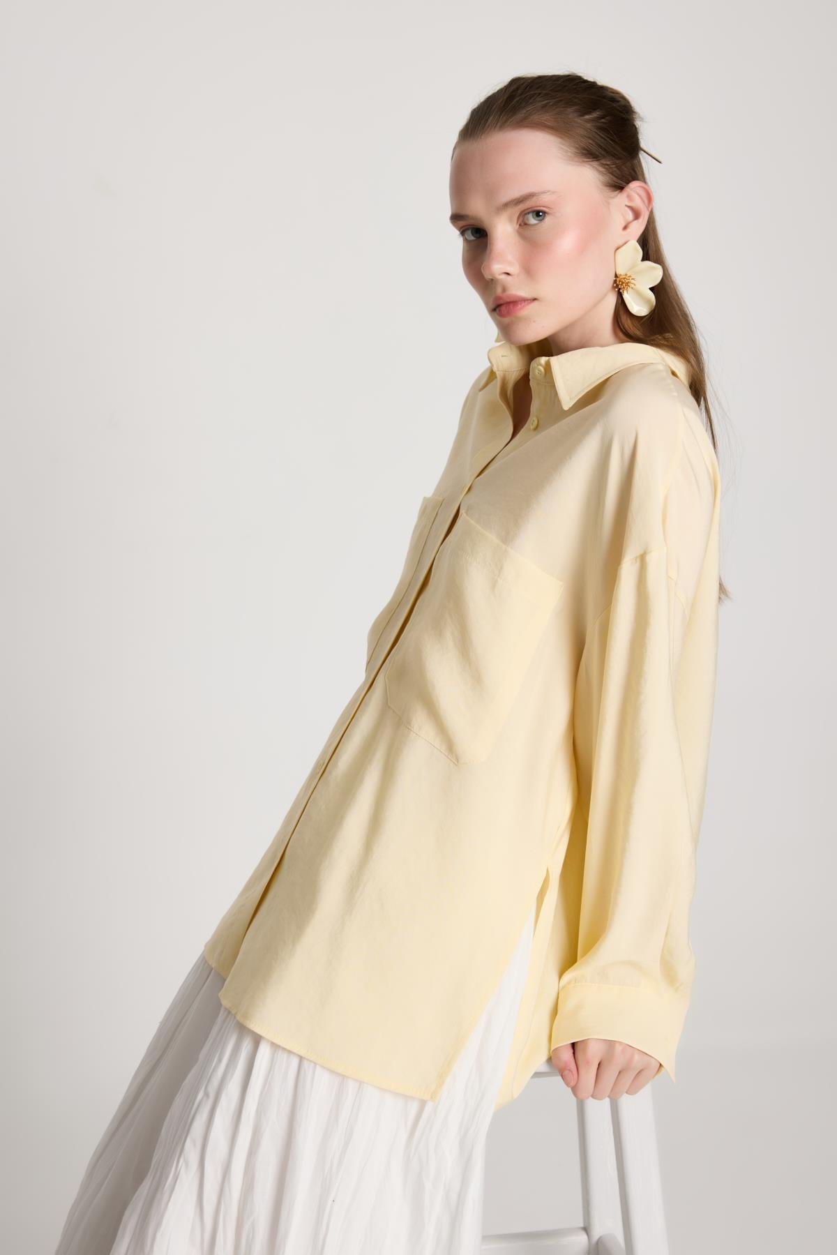 Kadın Sarı %100 Modal Kumaş Cep Detaylı Oversize Uzun Gömlek 29108