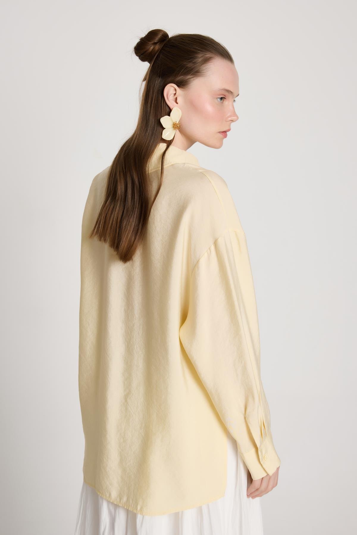 Kadın Sarı %100 Modal Kumaş Cep Detaylı Oversize Uzun Gömlek 29108