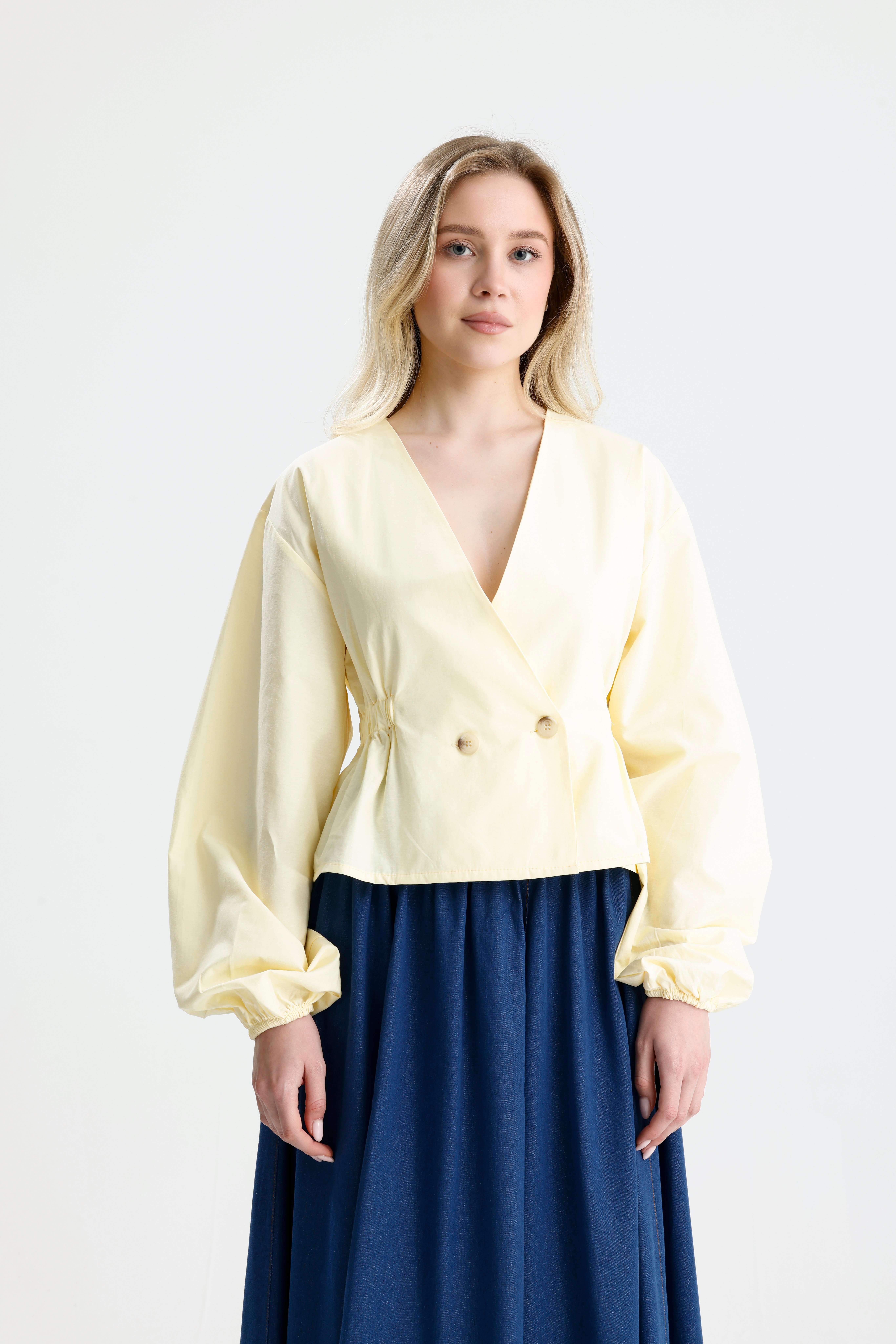 Kadın Sarı Beli Lastik Detaylı Poplin Astarsız Ceket 31039