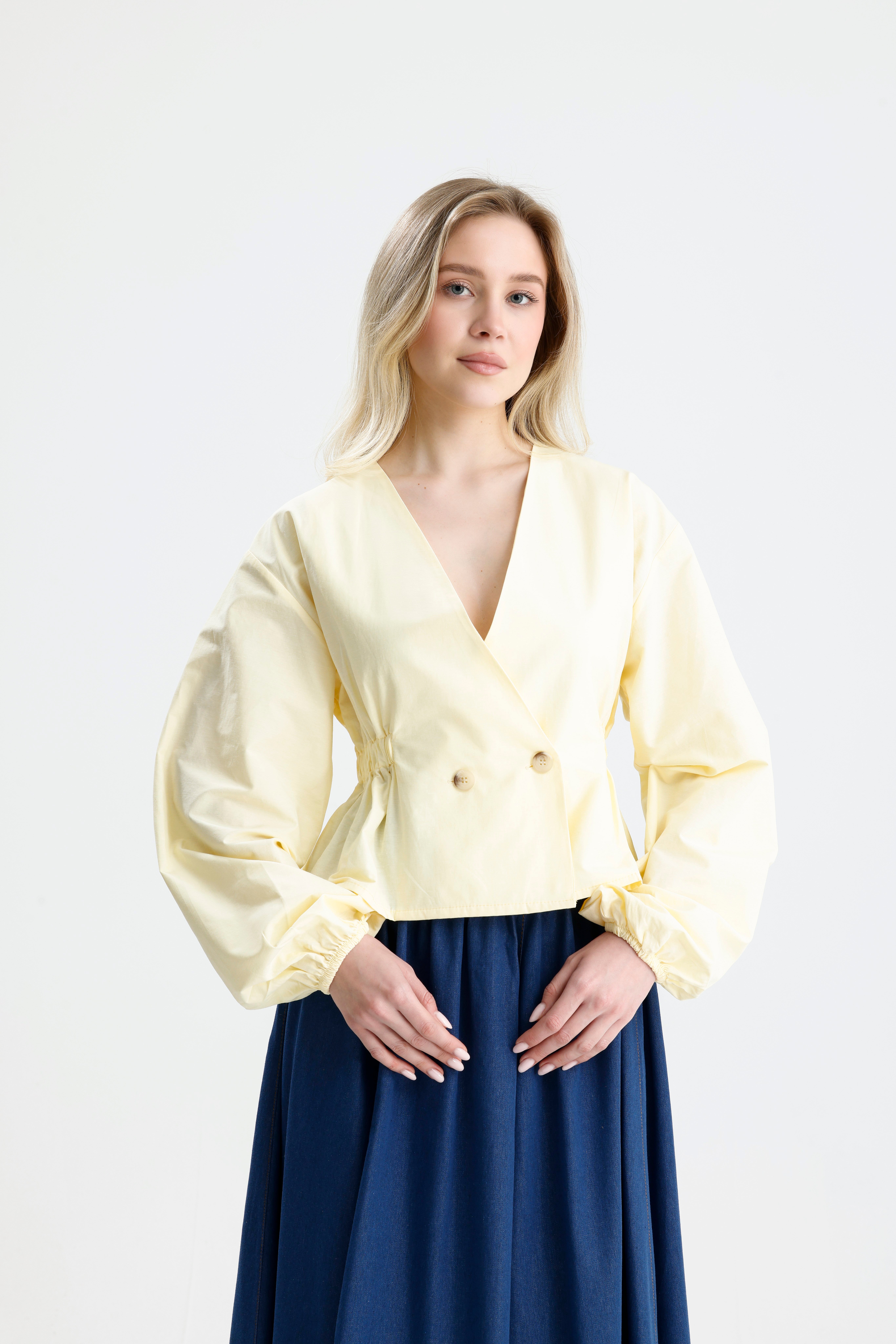 Kadın Sarı Beli Lastik Detaylı Poplin Astarsız Ceket 31039