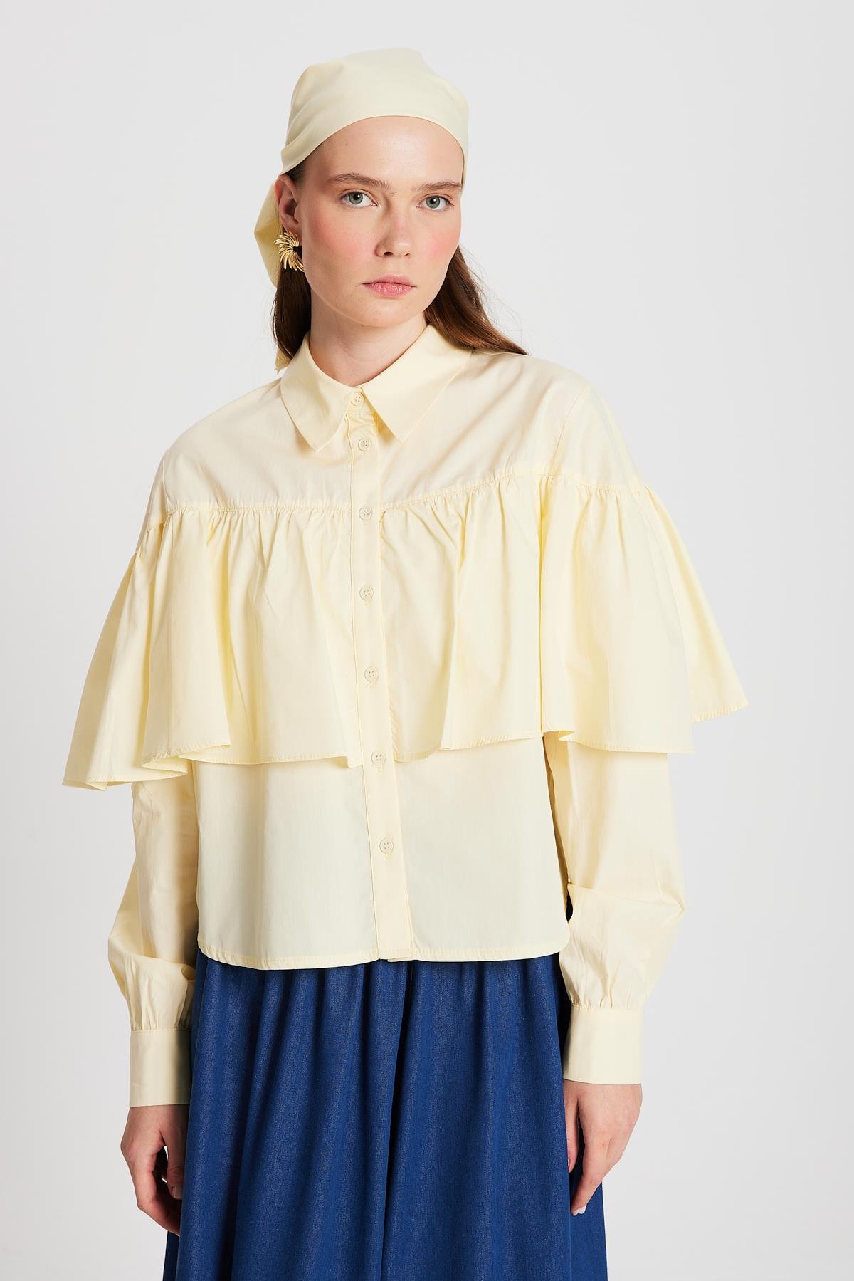 Kadın Sarı Fırfırlı Pamuk Kumaş Geniş Kesim Gömlek 29136