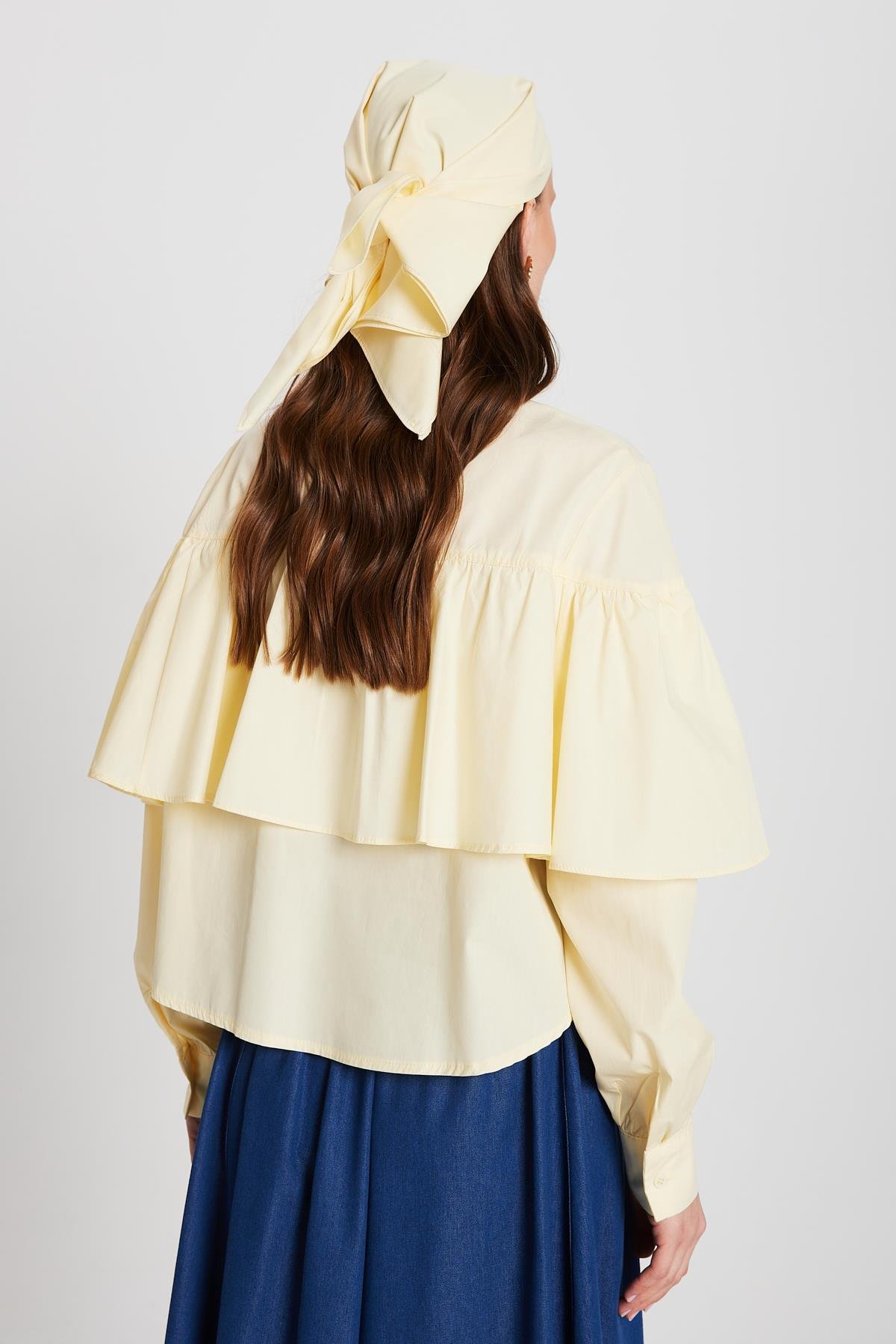 Kadın Sarı Fırfırlı Pamuk Kumaş Geniş Kesim Gömlek 29136