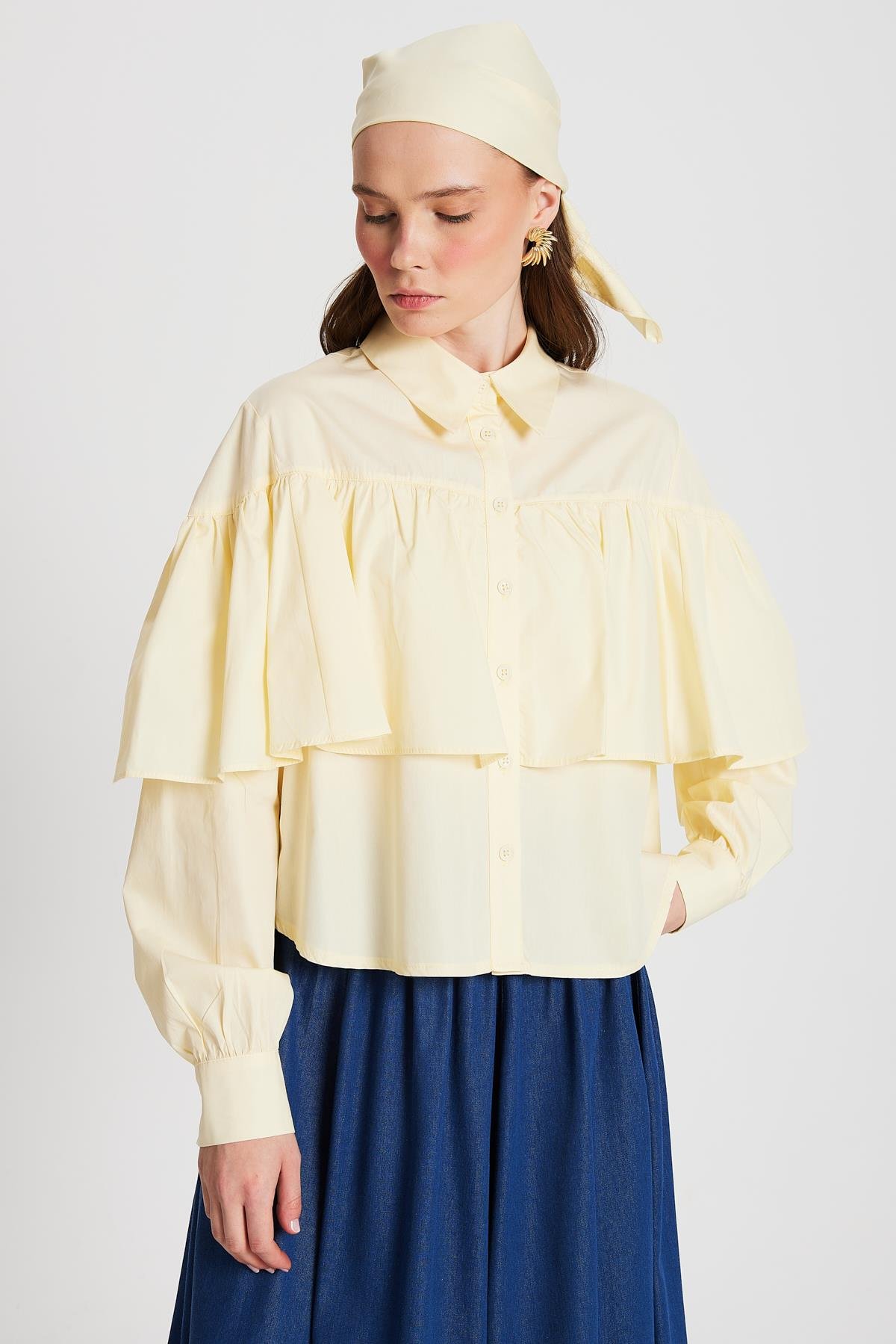 Kadın Sarı Fırfırlı Pamuk Kumaş Geniş Kesim Gömlek 29136