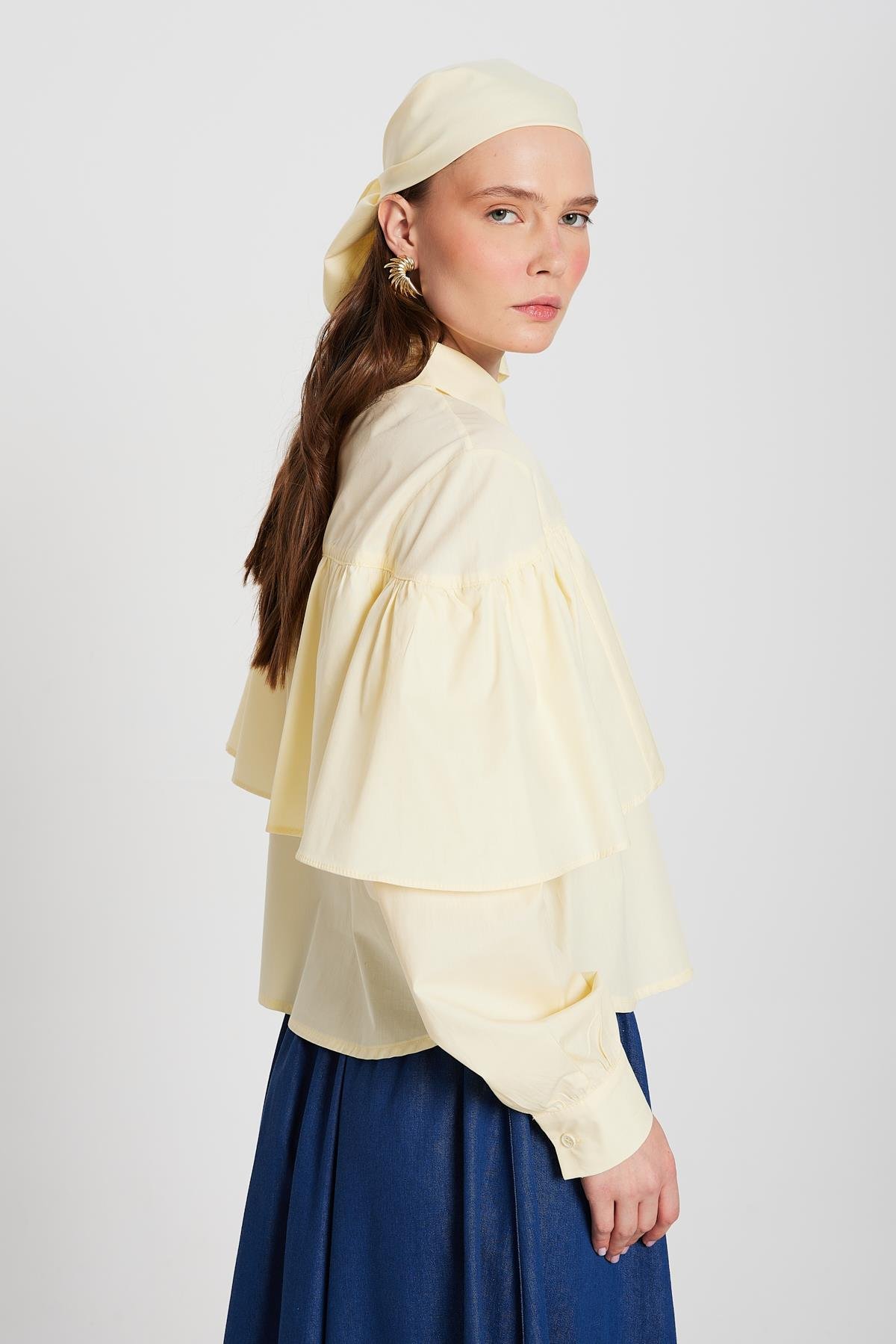 Kadın Sarı Fırfırlı Pamuk Kumaş Geniş Kesim Gömlek 29136