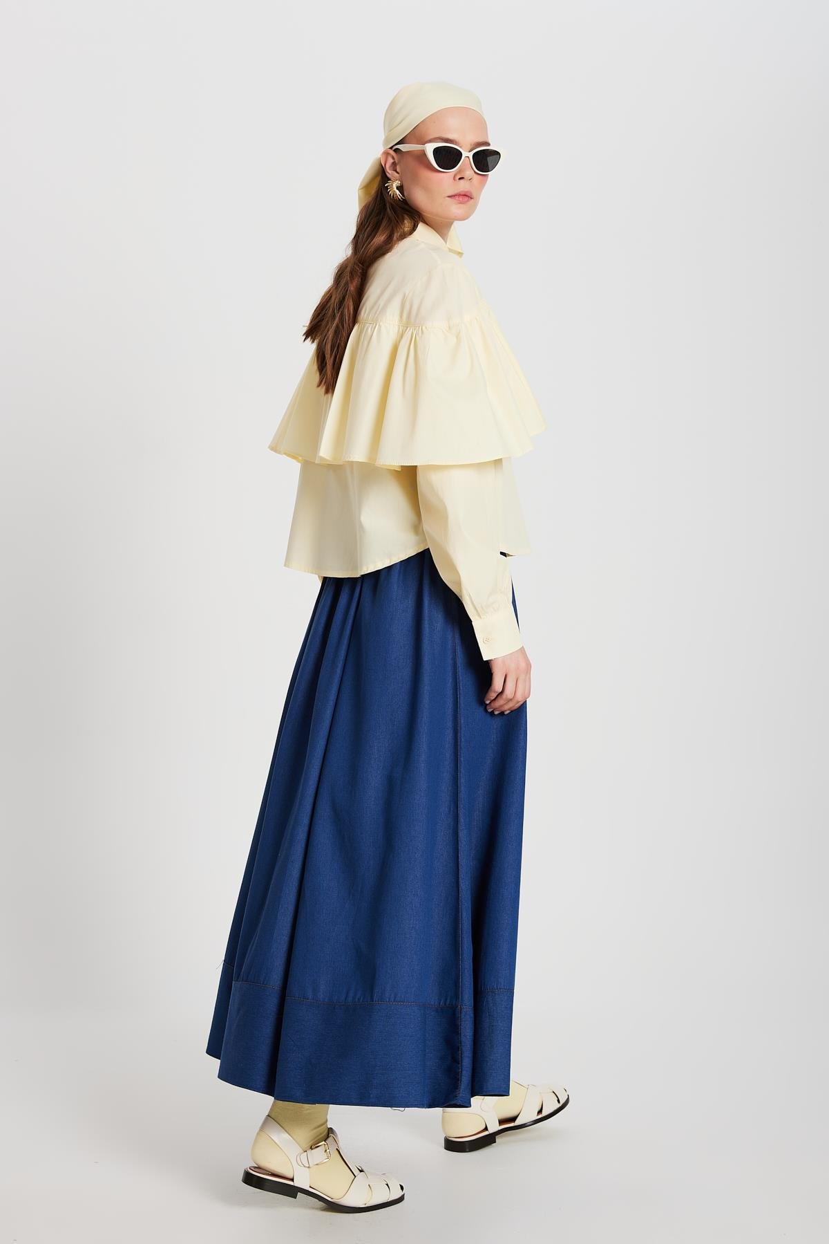 Kadın Sarı Fırfırlı Pamuk Kumaş Geniş Kesim Gömlek 29136