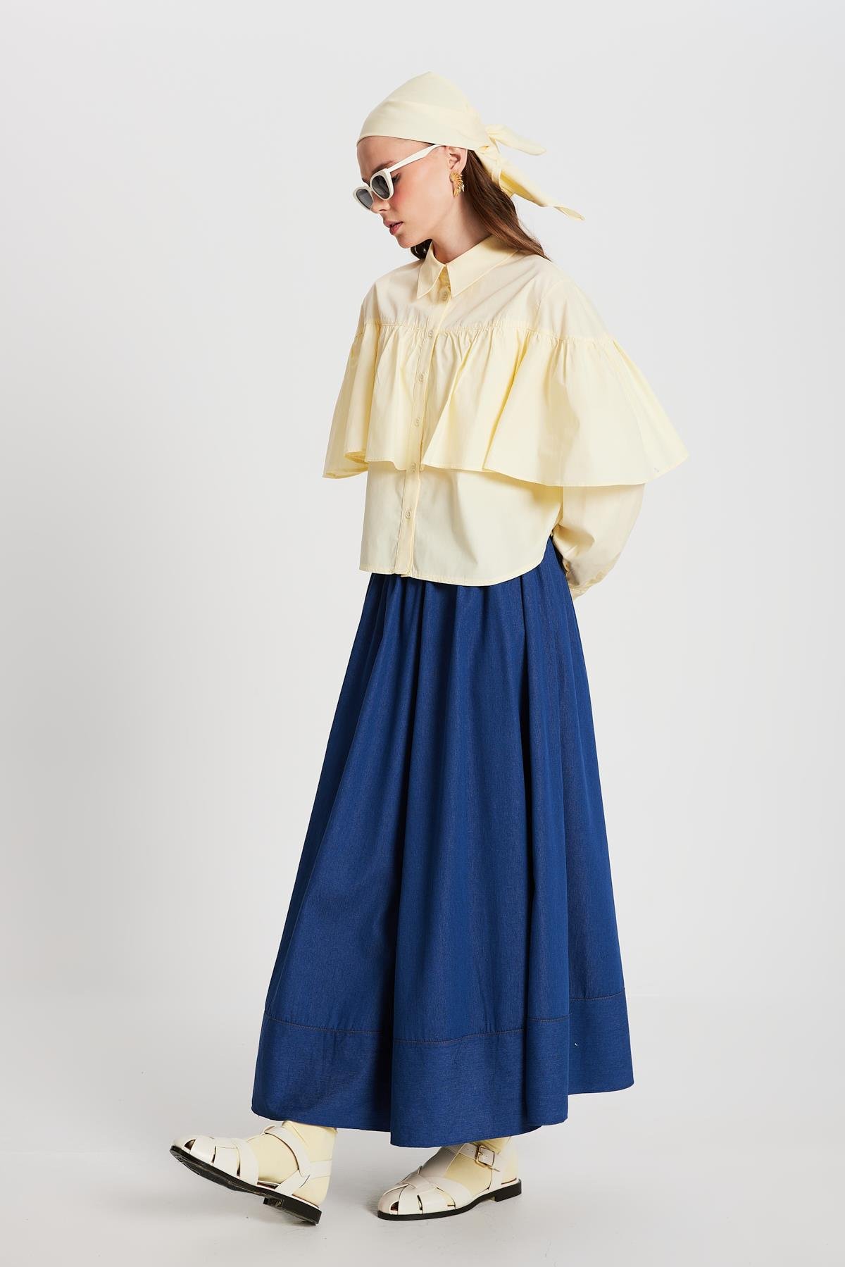 Kadın Sarı Fırfırlı Pamuk Kumaş Geniş Kesim Gömlek 29136