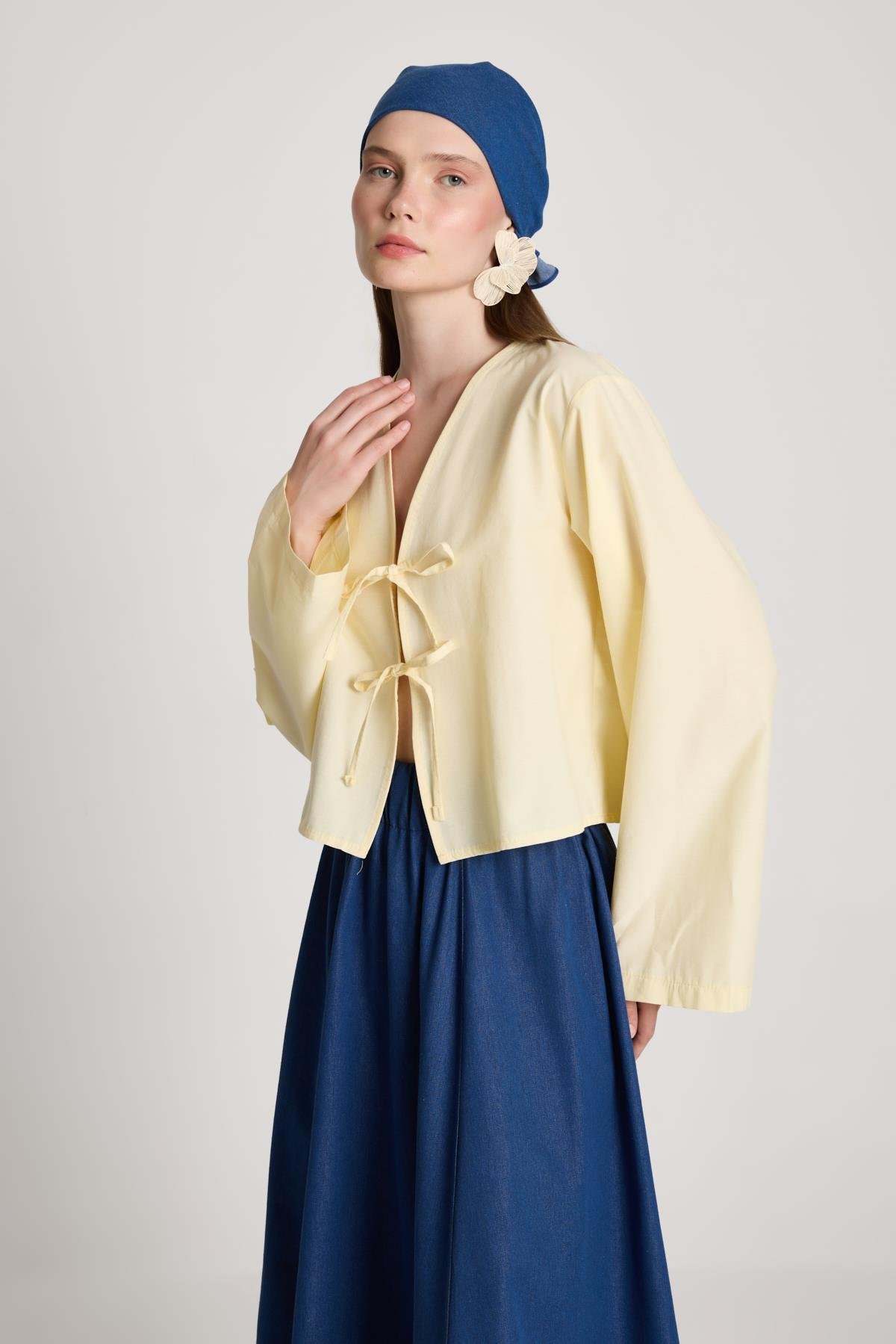 Kadın Sarı Poplin Önden Bağlamalı Bluz 29085