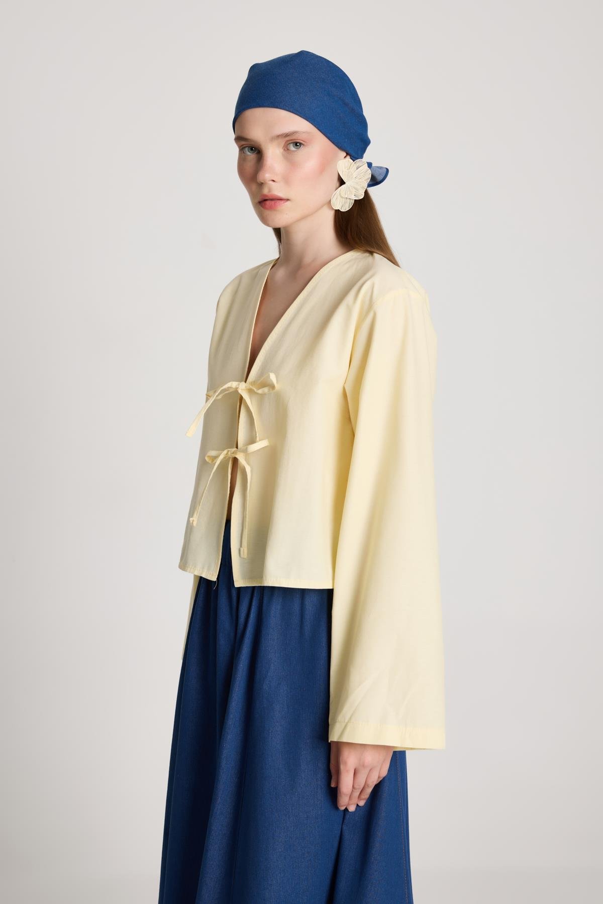 Kadın Sarı Poplin Önden Bağlamalı Bluz 29085