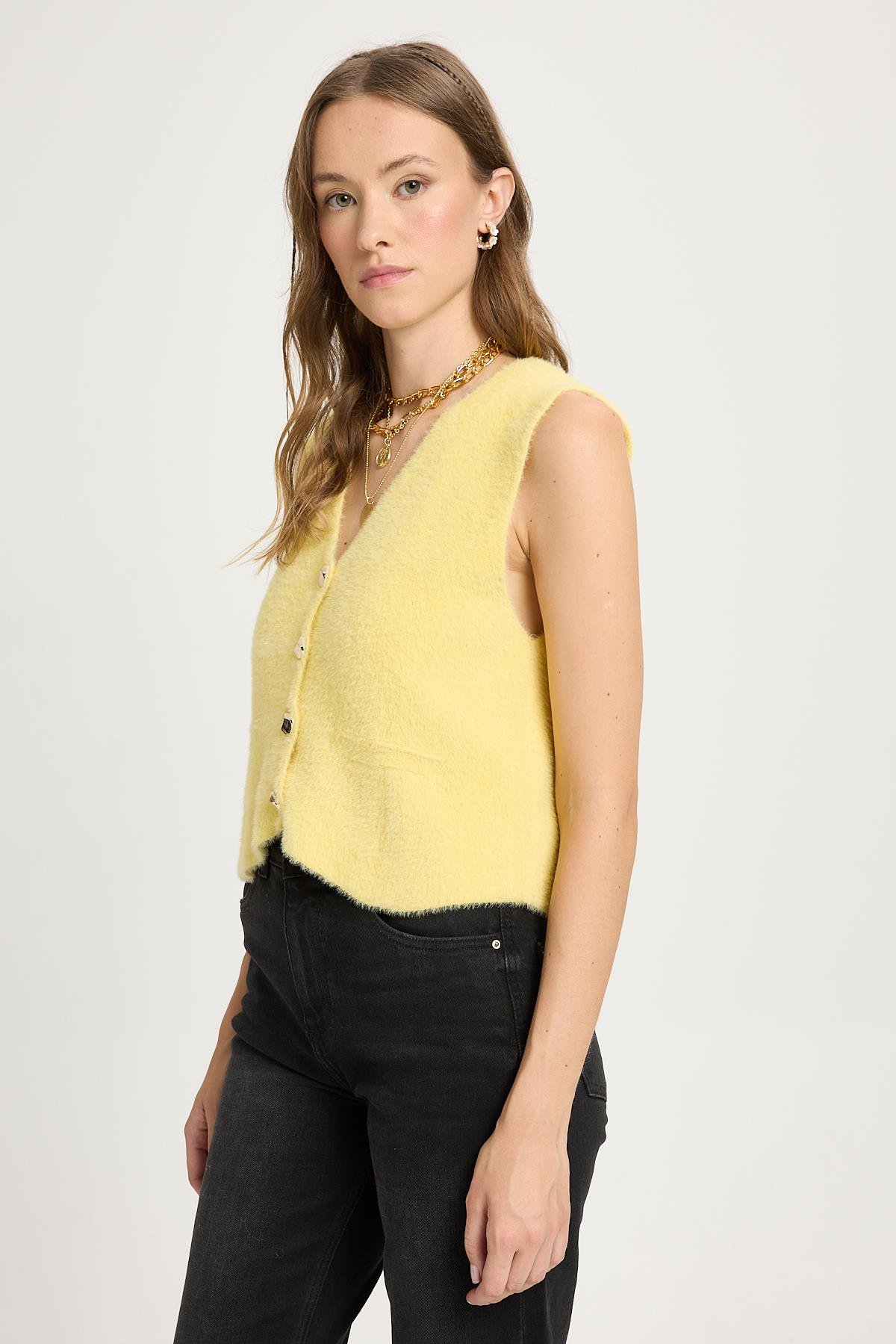 Kadın Sarı Triko Yelek Gold Düğme Detaylı Yumuşak Dokulu 2541