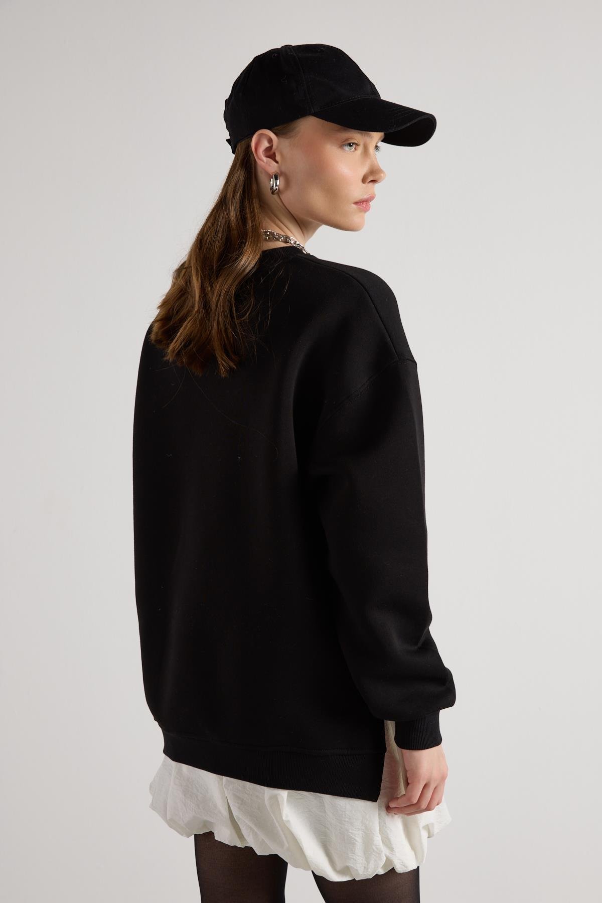 Kadın Siyah Basic Yırtmaçlı Oversize 3 iplik Şardonlu Sweatshirts 30078 