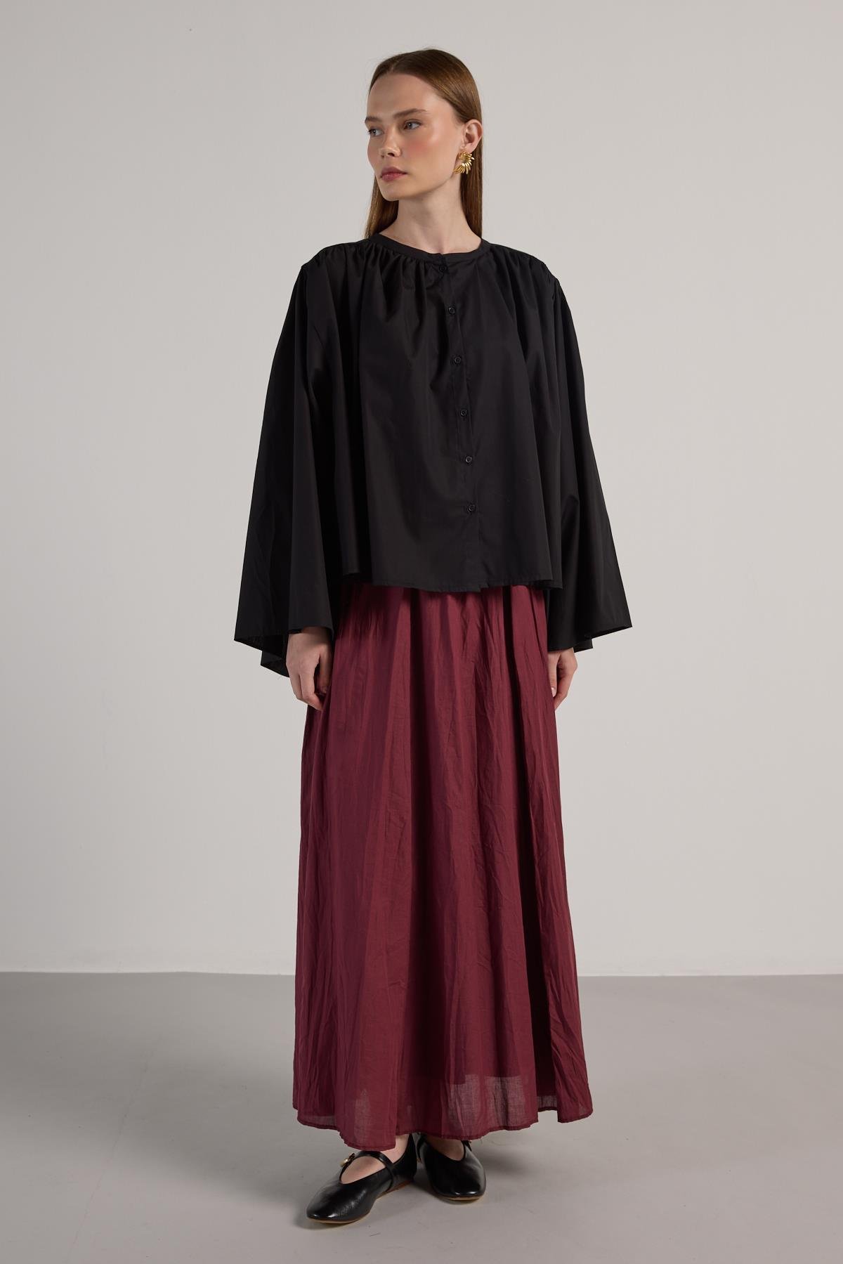 Kadın Siyah Büzgülü Oversize Tasarım Gömlek 30018