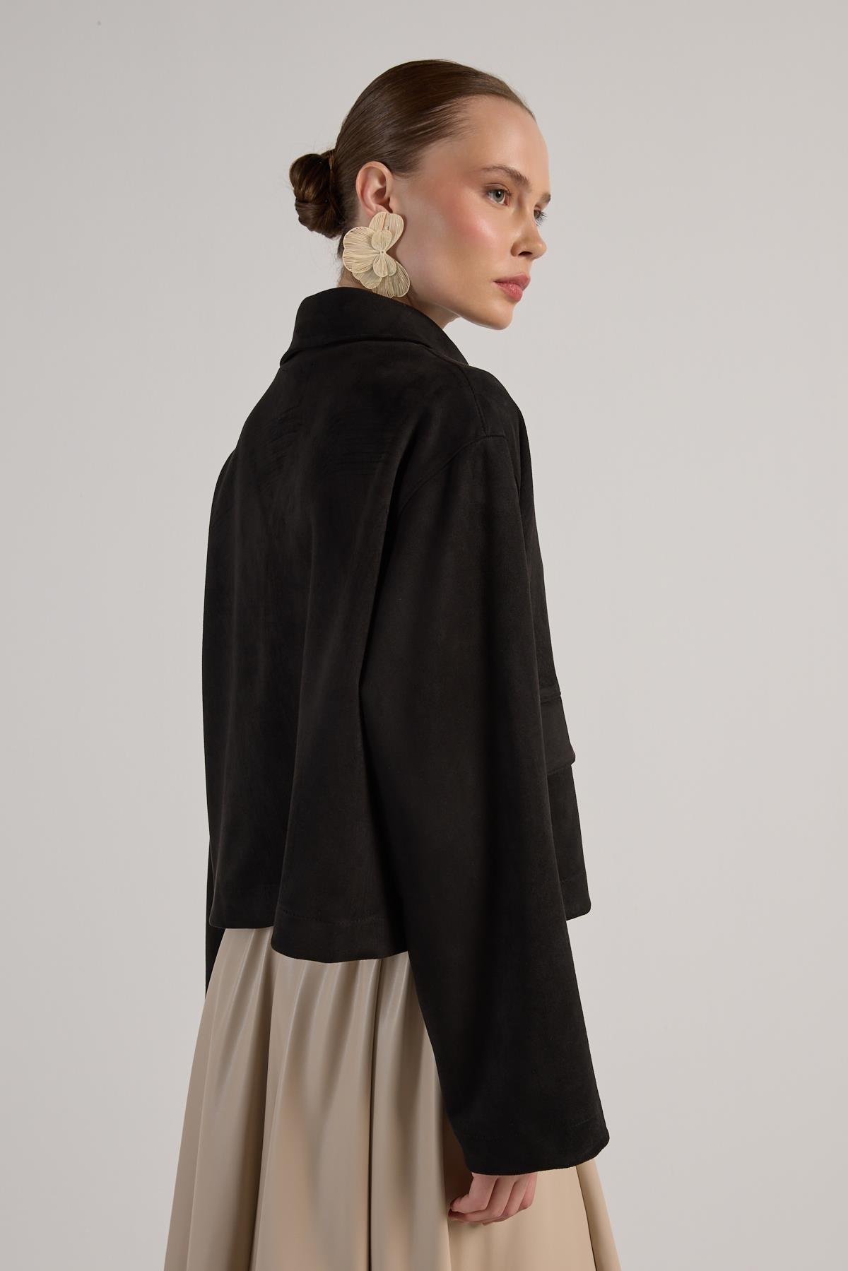 Kadın Siyah Dalgıç Süet Kısa Ceket 30042