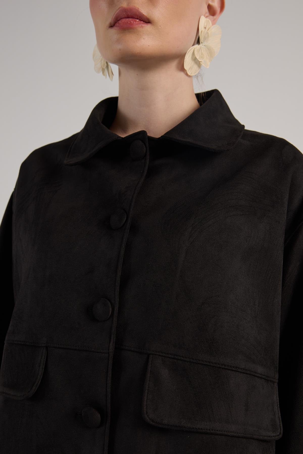 Kadın Siyah Dalgıç Süet Kısa Ceket 30042