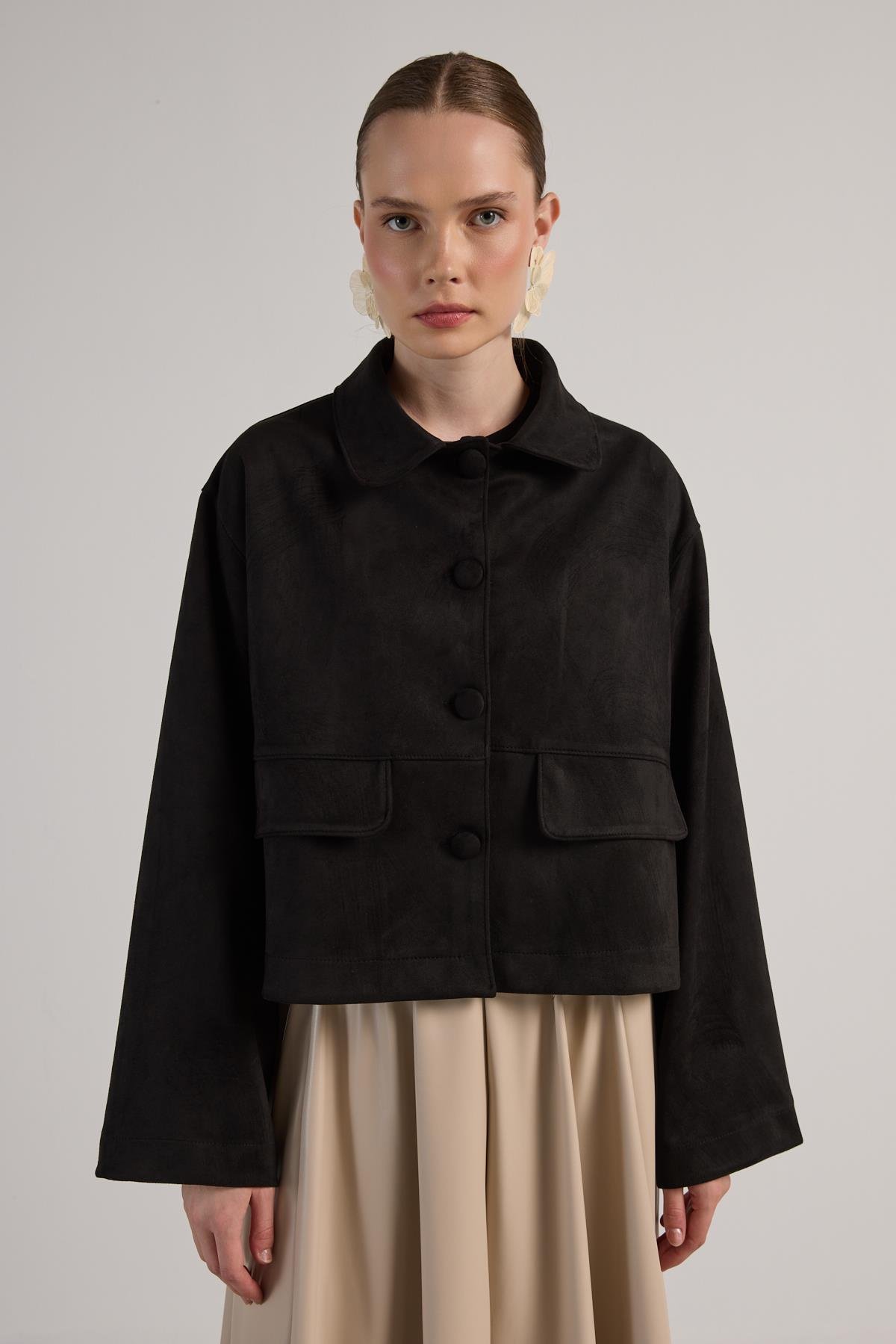 Kadın Siyah Dalgıç Süet Kısa Ceket 30042