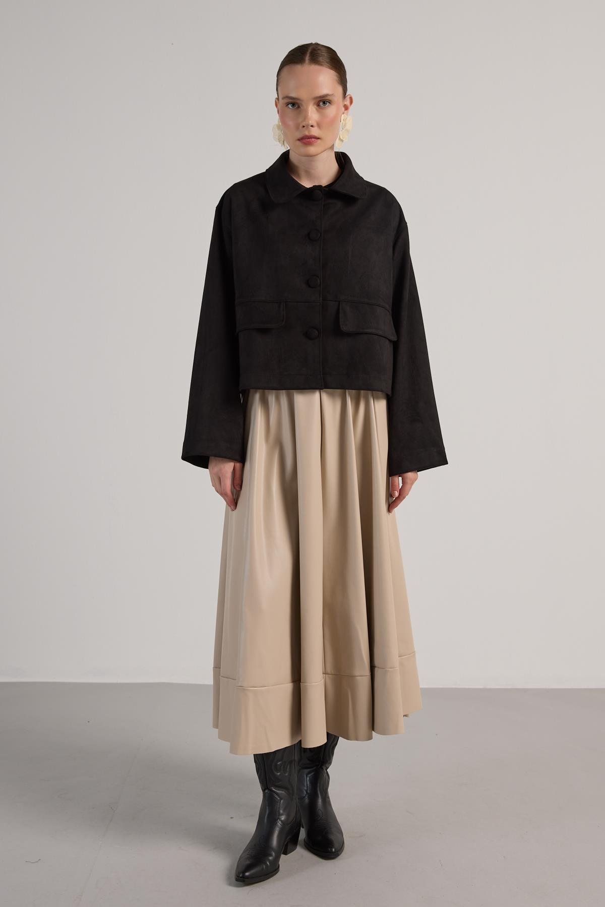 Kadın Siyah Dalgıç Süet Kısa Ceket 30042