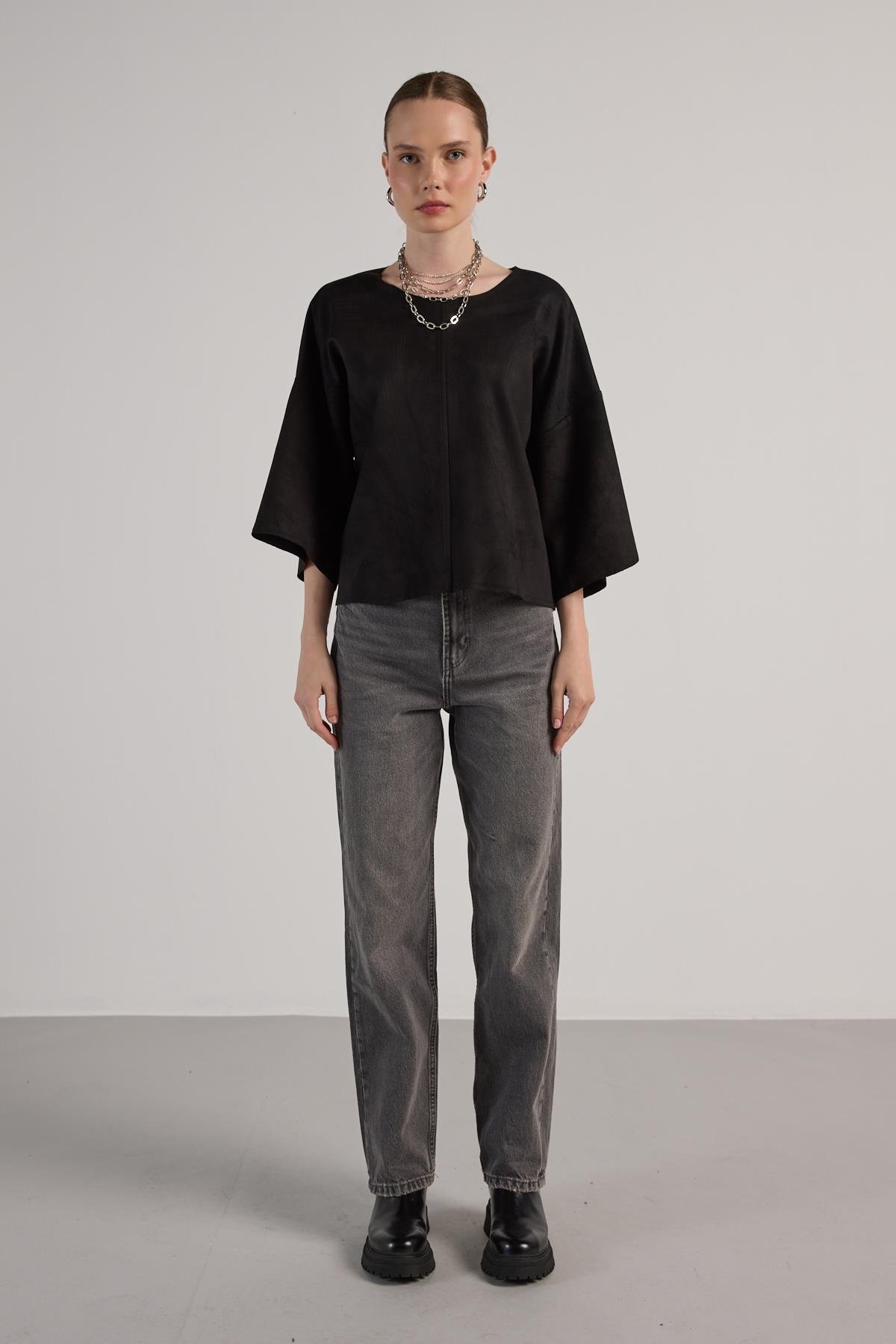 Kadın Sİyah Dalgıç Süet Parçalı Bluz 30038