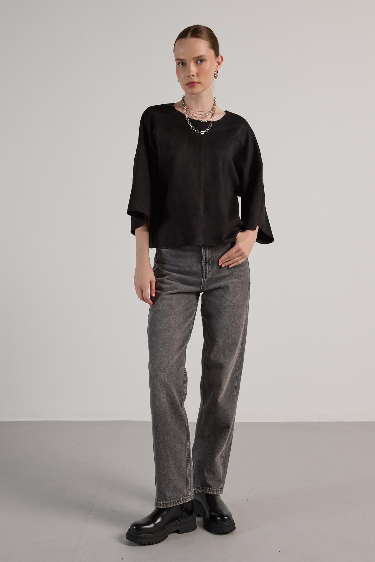 Kadın Sİyah Dalgıç Süet Parçalı Bluz 30038