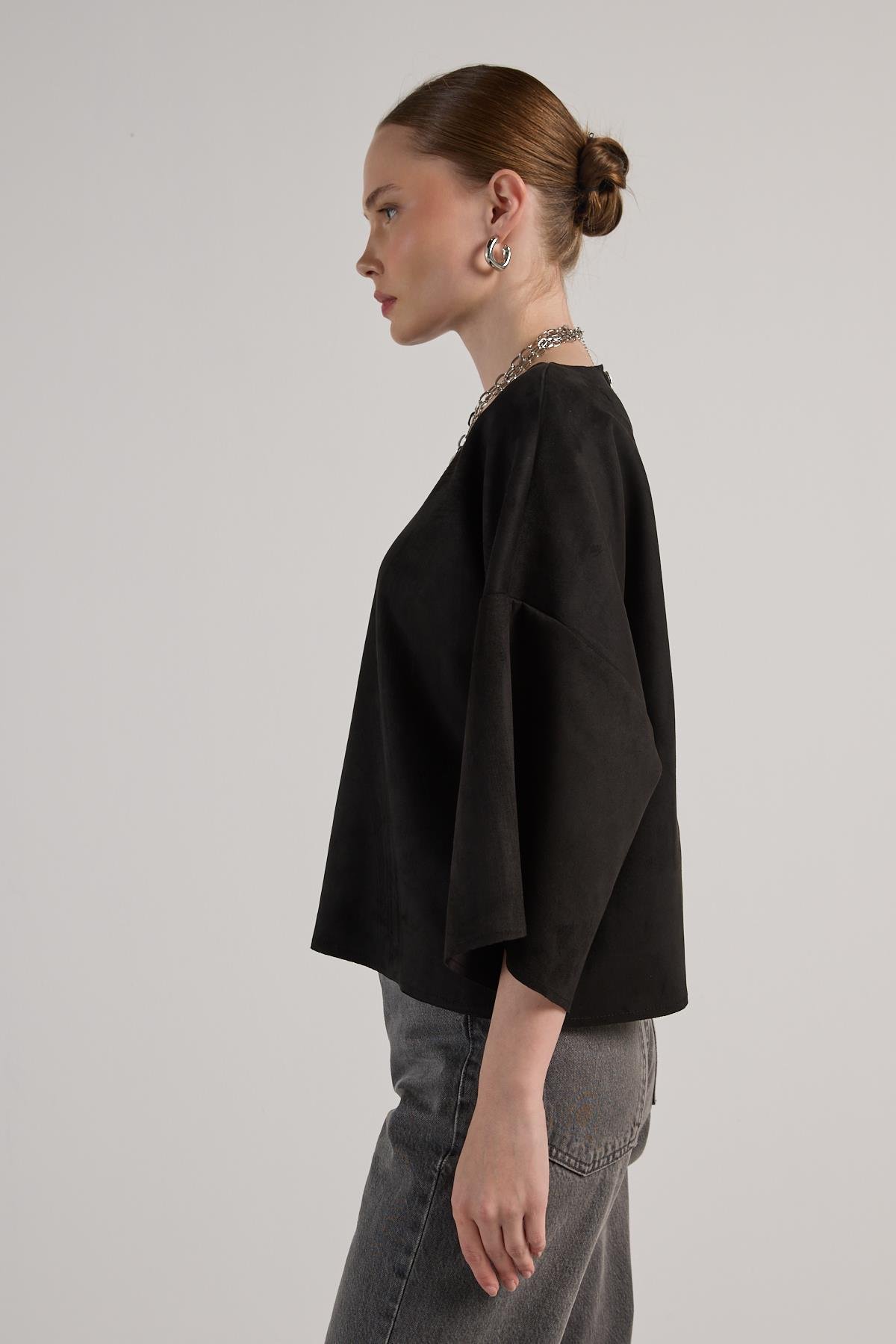 Kadın Sİyah Dalgıç Süet Parçalı Bluz 30038