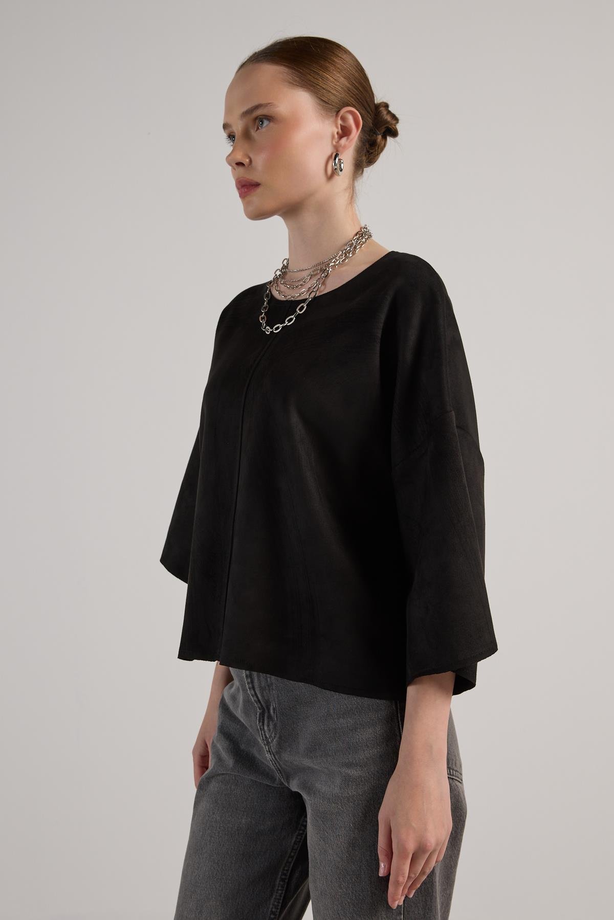 Kadın Sİyah Dalgıç Süet Parçalı Bluz 30038