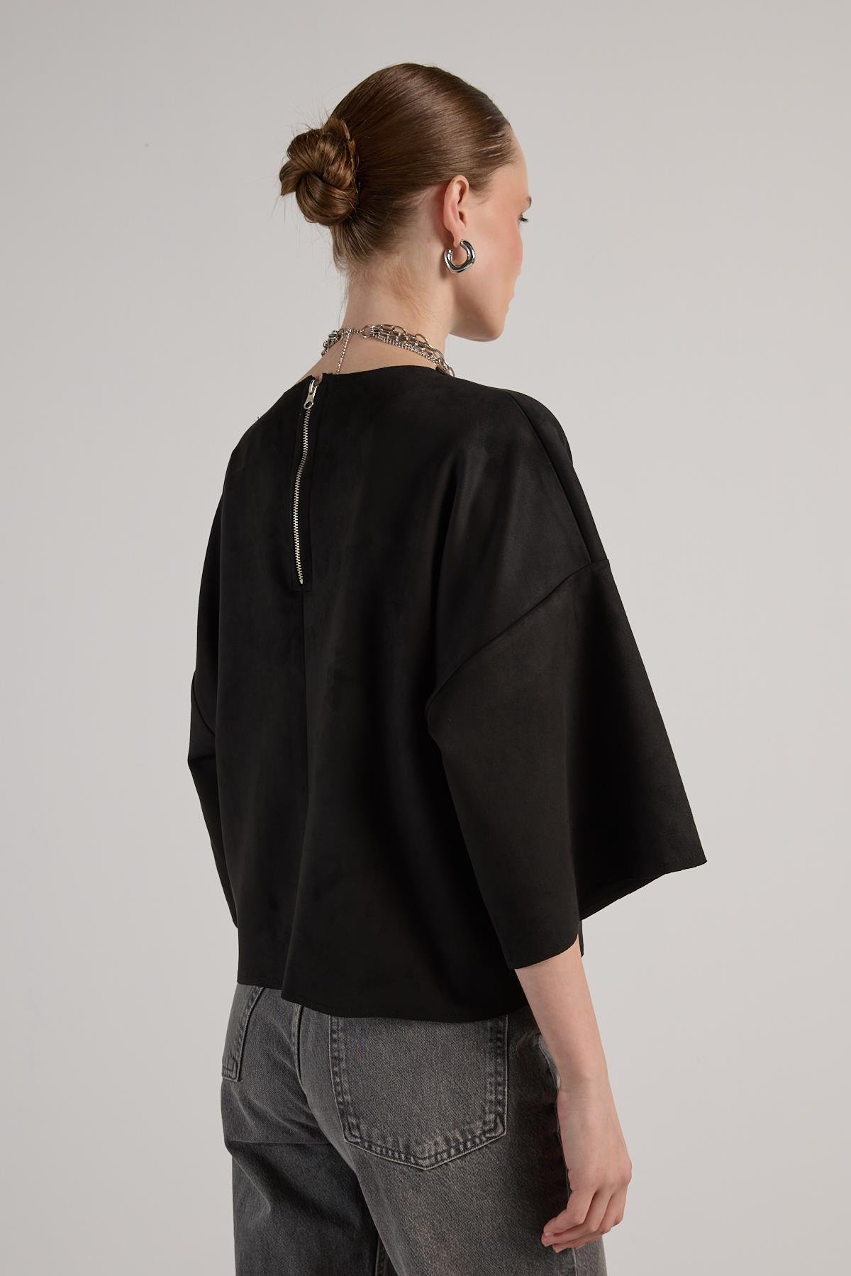 Kadın Sİyah Dalgıç Süet Parçalı Bluz 30038