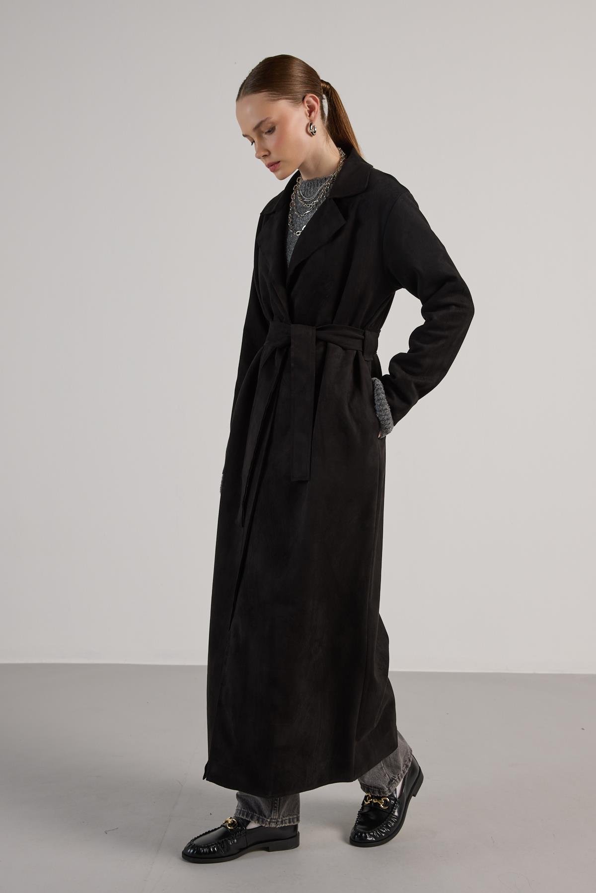 Kadın Siyah Dalgıç Süet Tam Boy Trençkot 30041