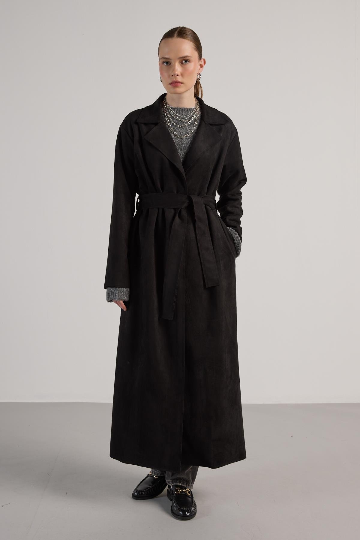 Kadın Siyah Dalgıç Süet Tam Boy Trençkot 30041