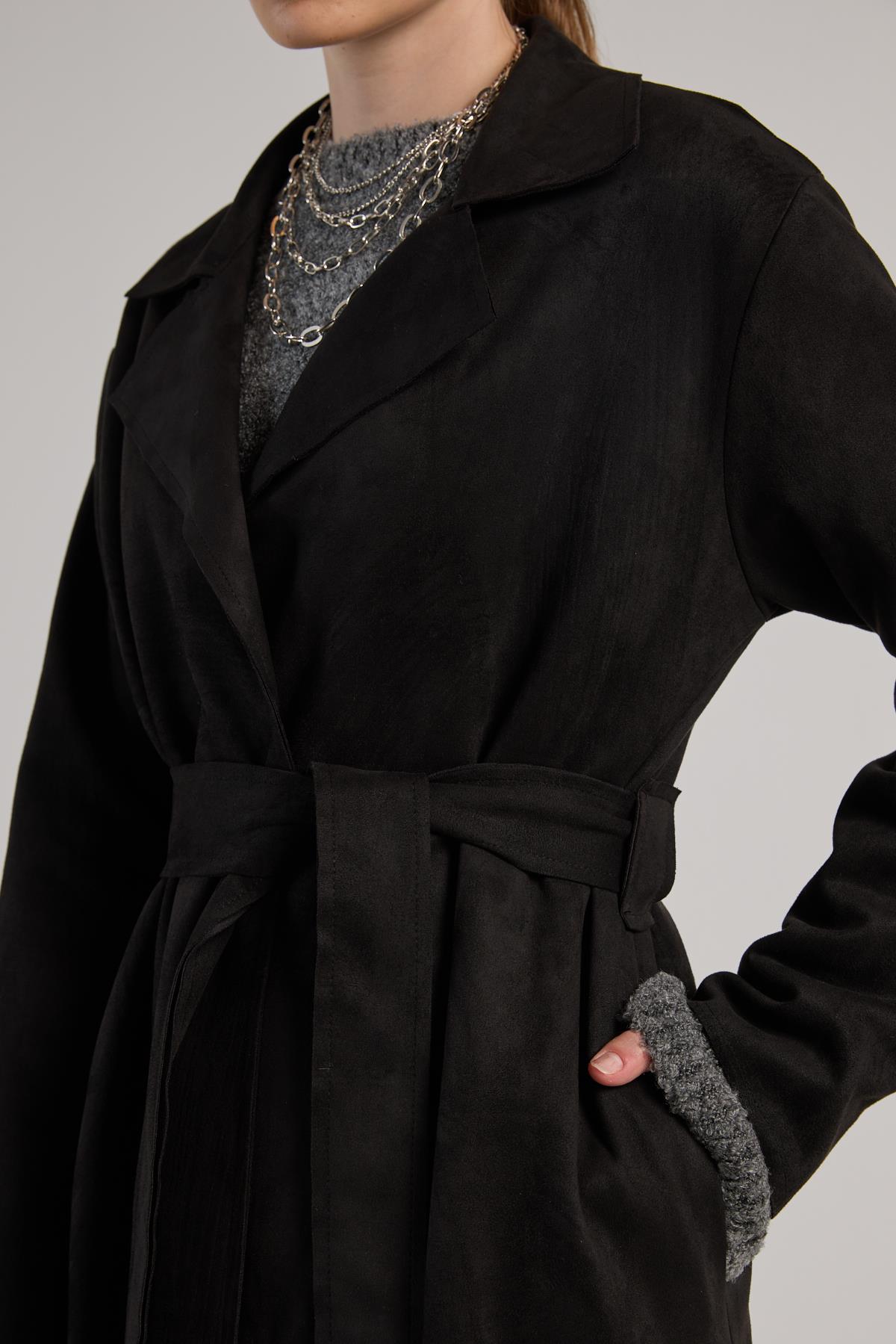 Kadın Siyah Dalgıç Süet Tam Boy Trençkot 30041