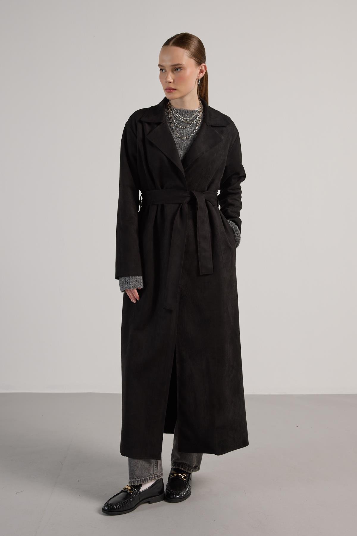 Kadın Siyah Dalgıç Süet Tam Boy Trençkot 30041