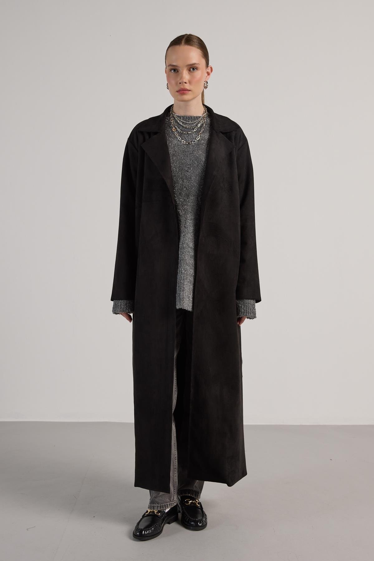 Kadın Siyah Dalgıç Süet Tam Boy Trençkot 30041