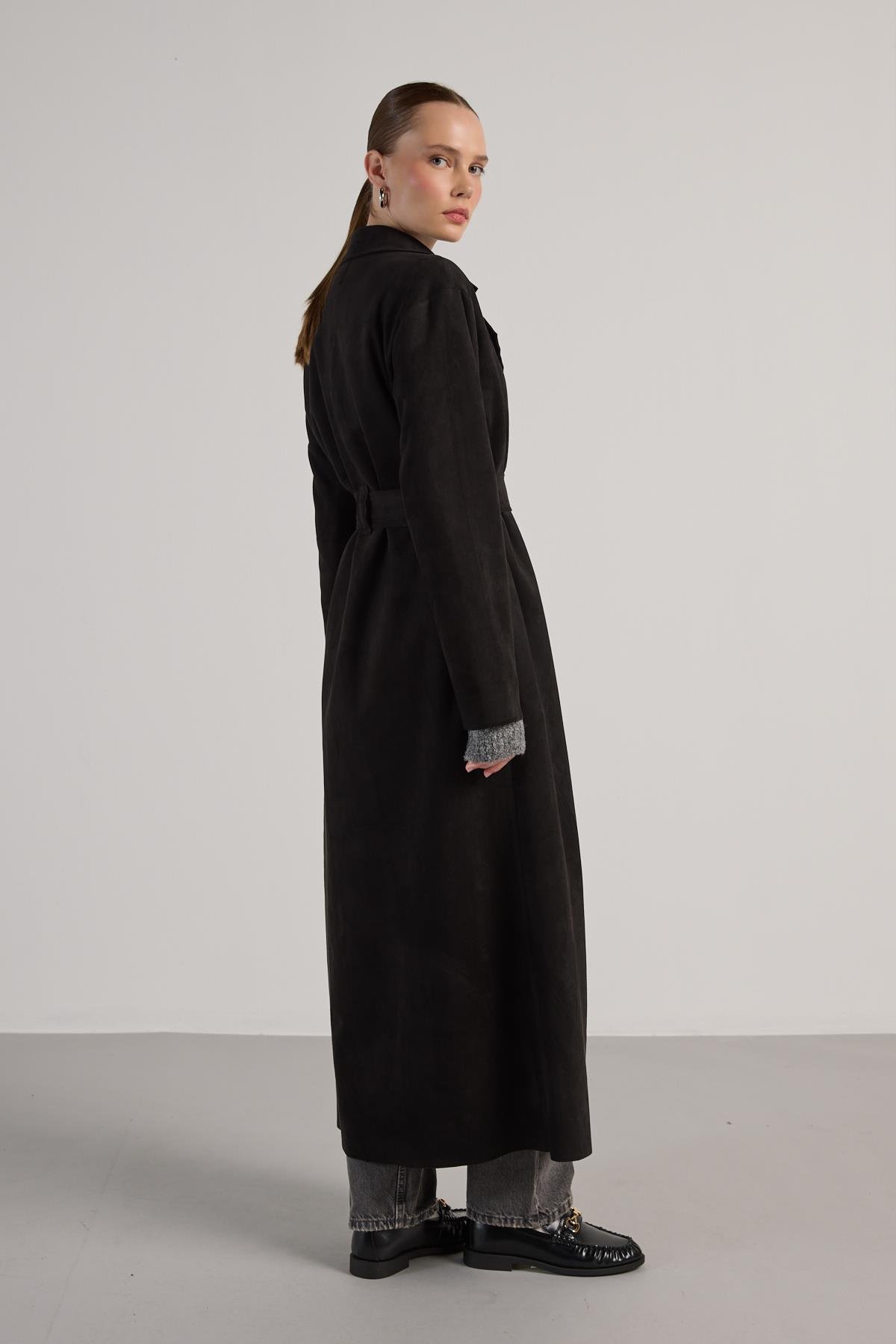 Kadın Siyah Dalgıç Süet Tam Boy Trençkot 30041