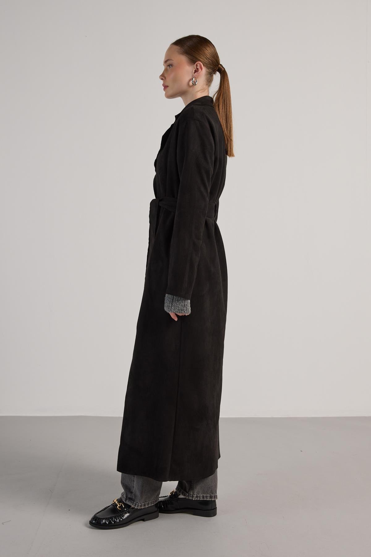 Kadın Siyah Dalgıç Süet Tam Boy Trençkot 30041