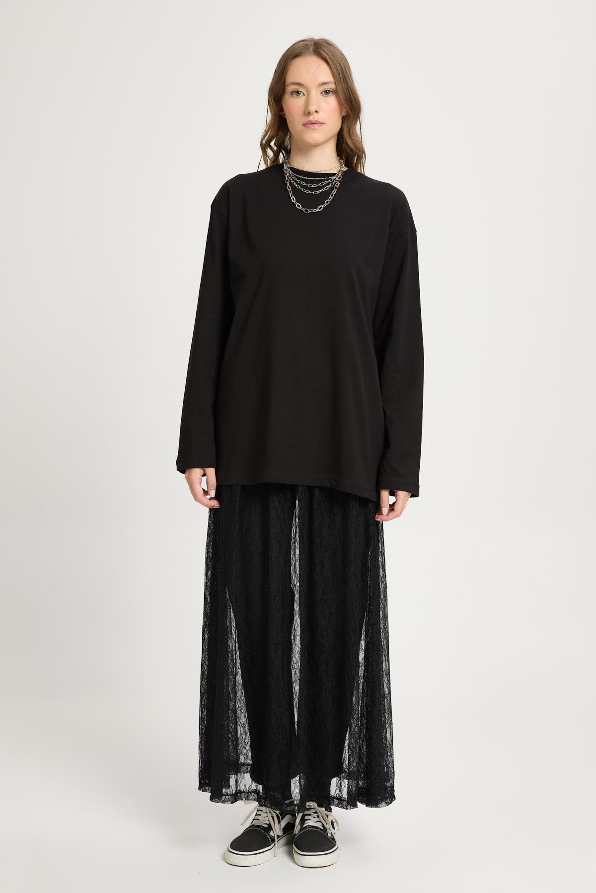 Kadın Siyah Geniş Kol Oversize Basic T-shirt