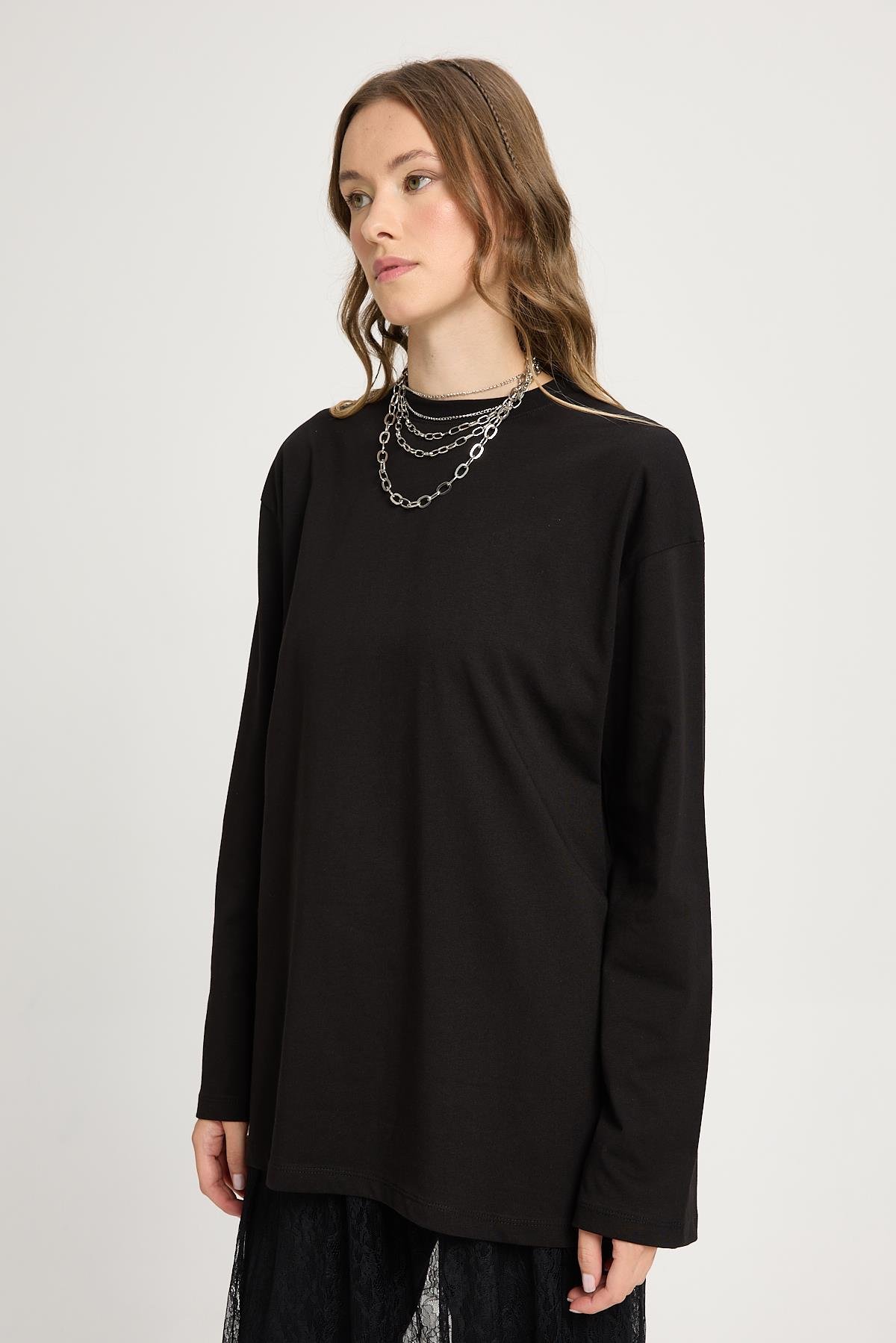 Kadın Siyah Geniş Kol Oversize Basic T-shirt
