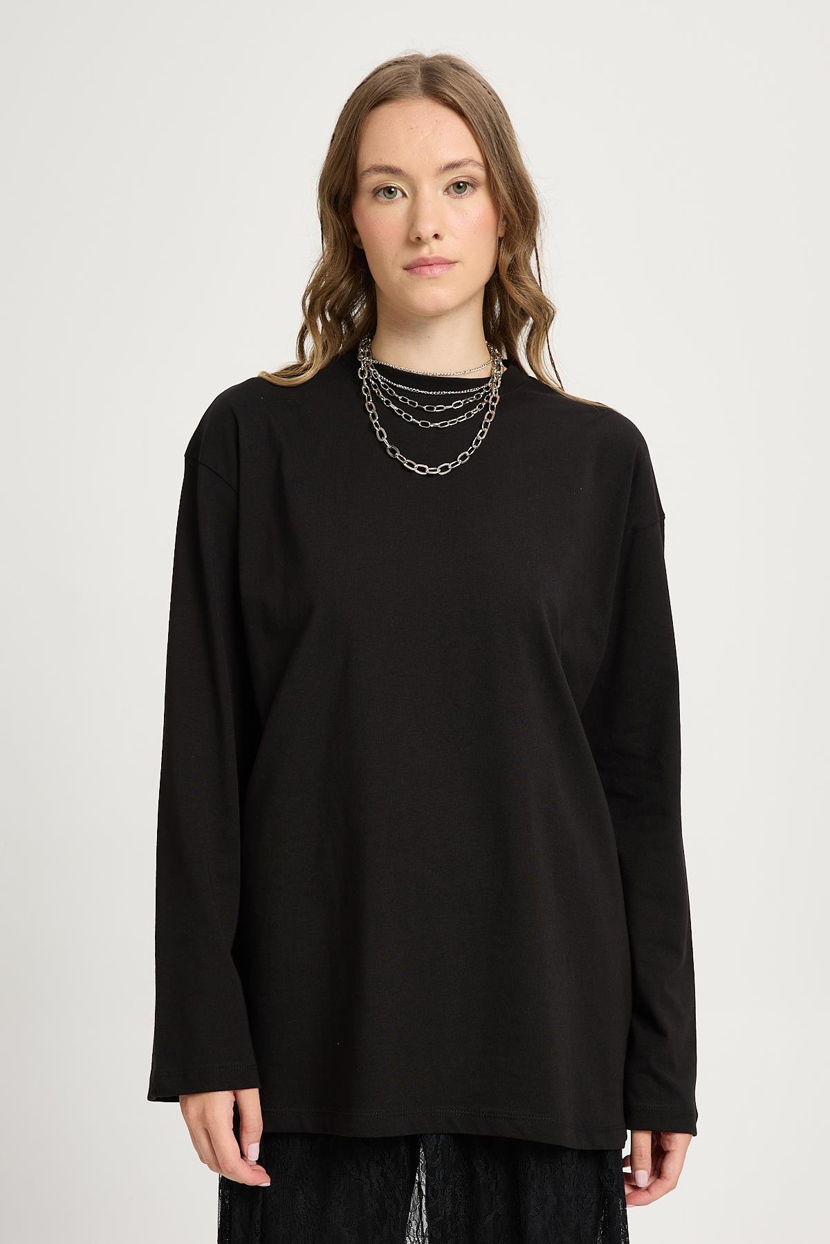 Kadın Siyah Geniş Kol Oversize Basic T-shirt
