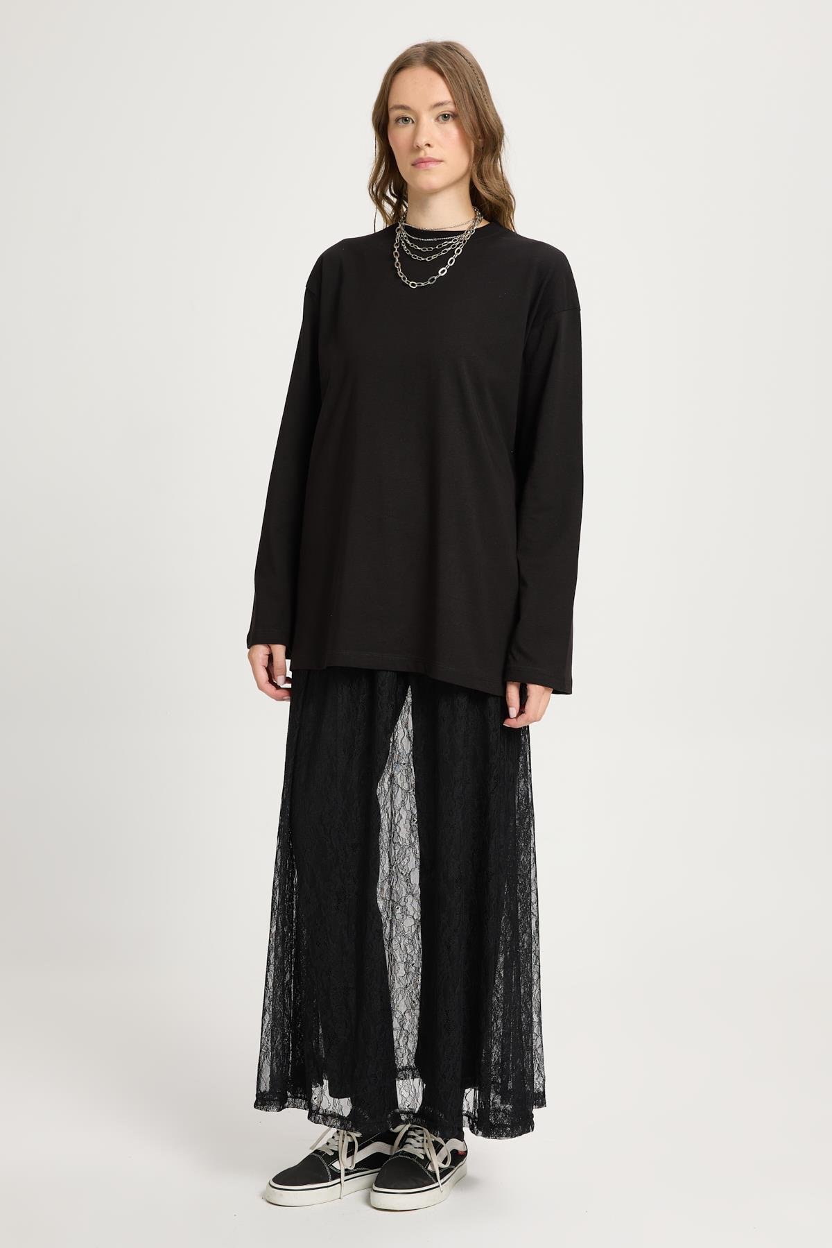 Kadın Siyah Geniş Kol Oversize Basic T-shirt