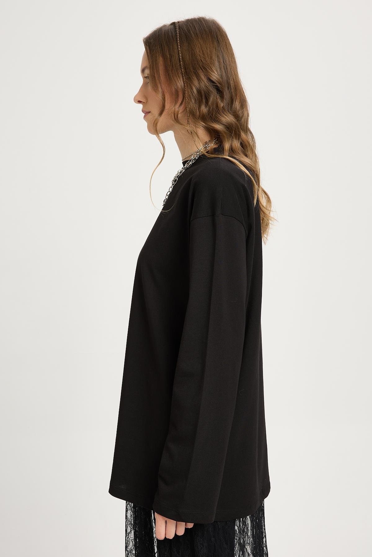 Kadın Siyah Geniş Kol Oversize Basic T-shirt