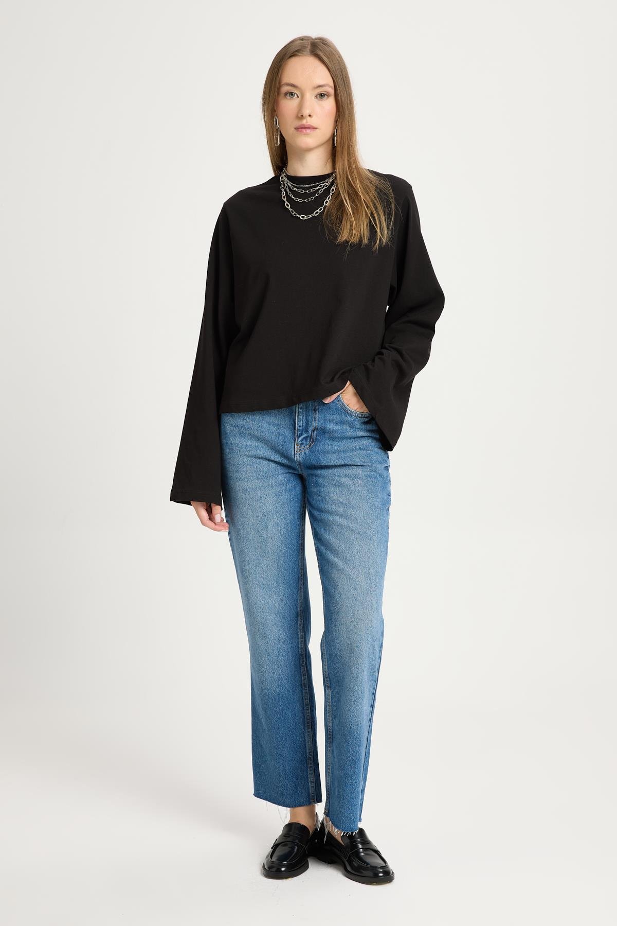 Kadın Siyah Geniş Kol Oversize Kısa Basic T-shirt 30059