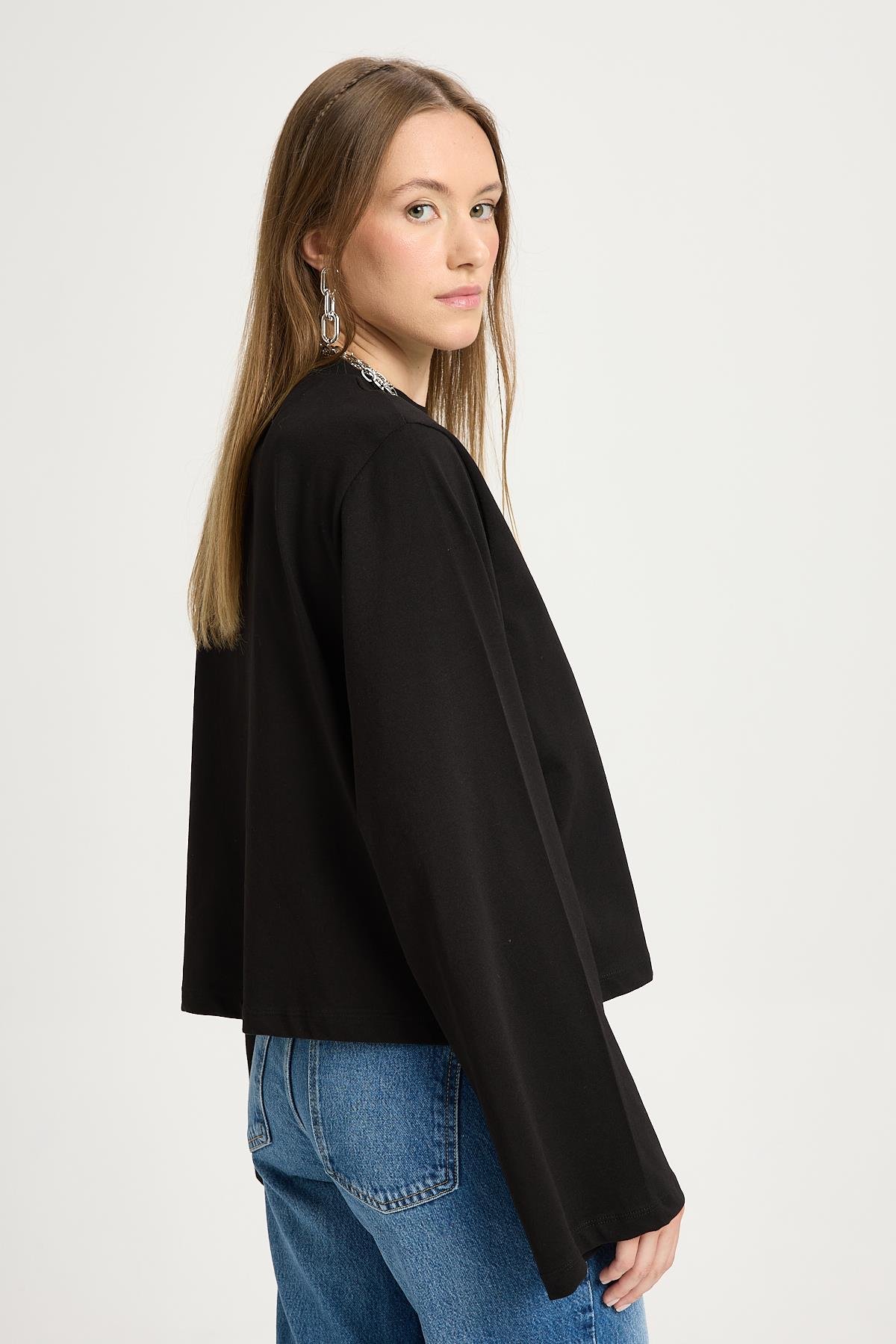 Kadın Siyah Geniş Kol Oversize Kısa Basic T-shirt 30059