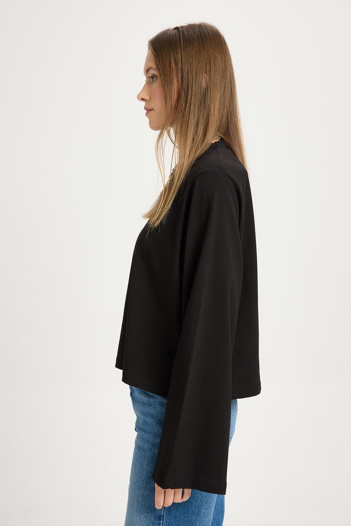 Kadın Siyah Geniş Kol Oversize Kısa Basic T-shirt 30059