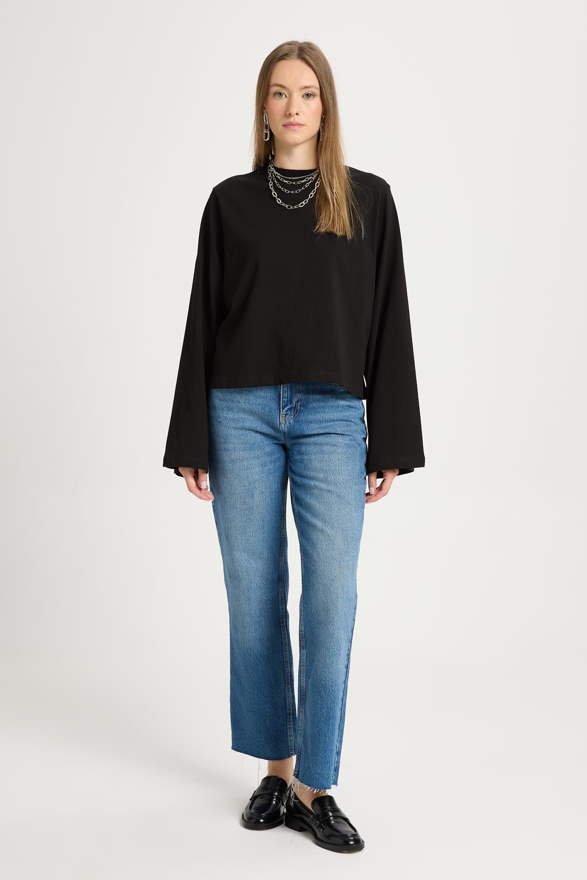 Kadın Siyah Geniş Kol Oversize Kısa Basic T-shirt 30059