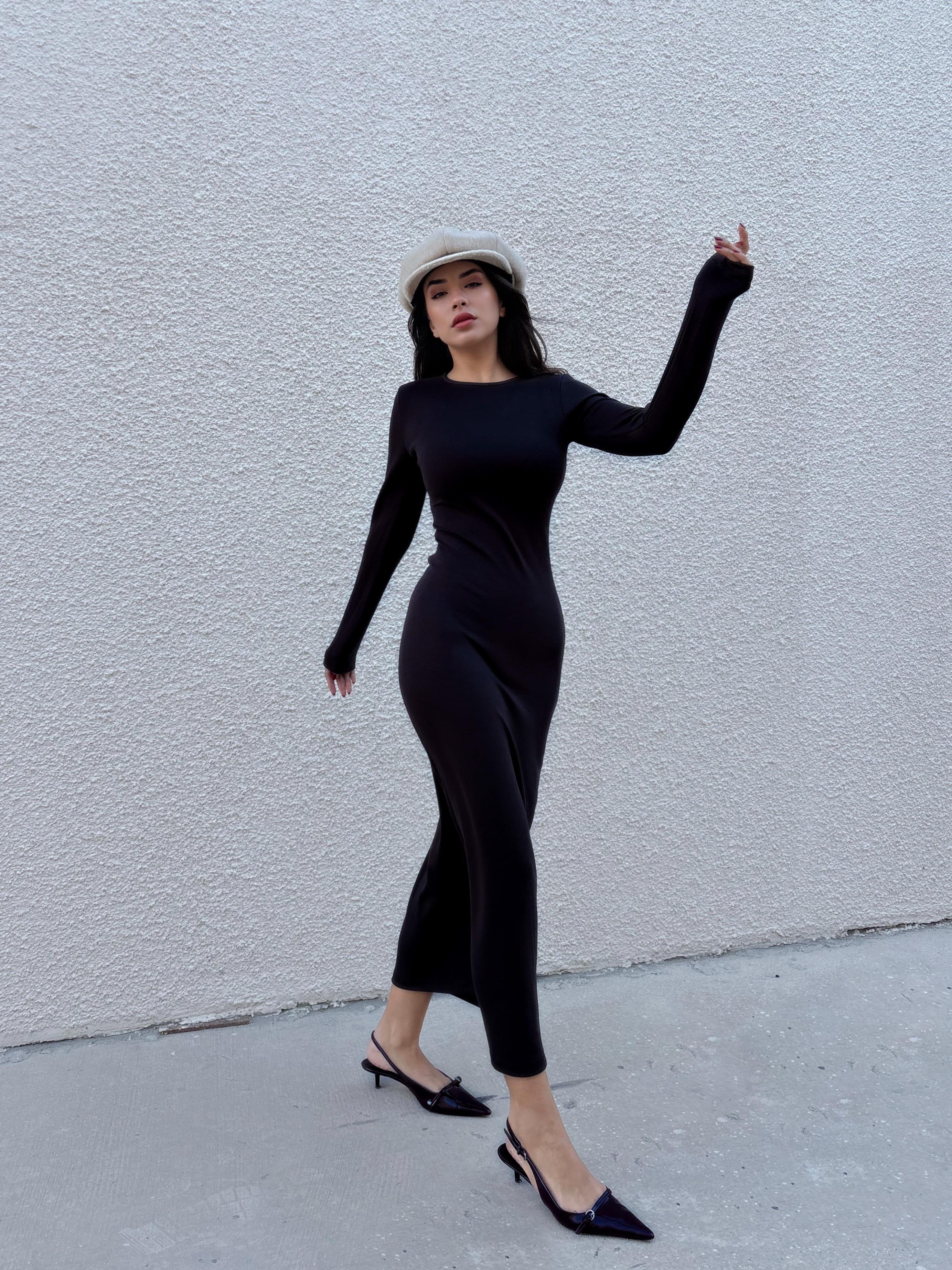 Kadın Siyah Modal Kumaş Dar kesim Uzun Elbise 30073