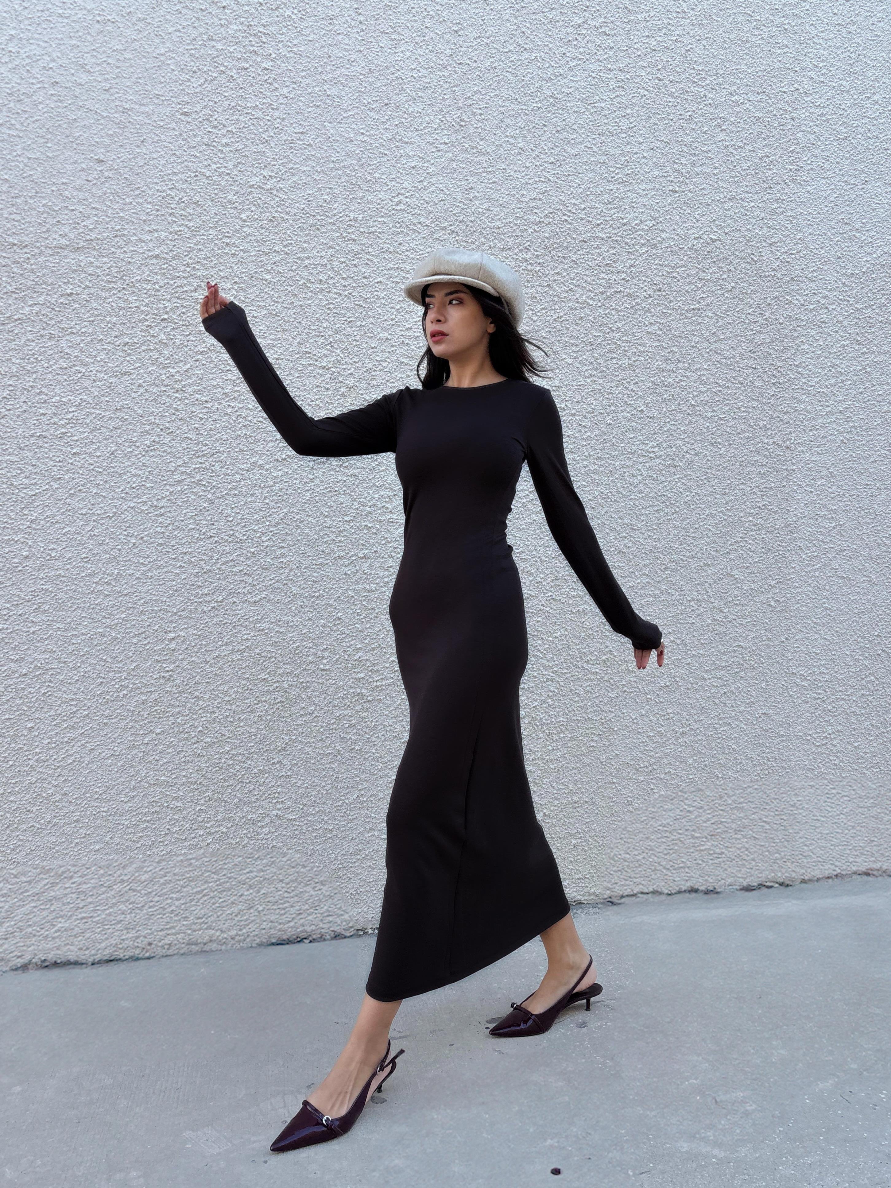 Kadın Siyah Modal Kumaş Dar kesim Uzun Elbise 30073