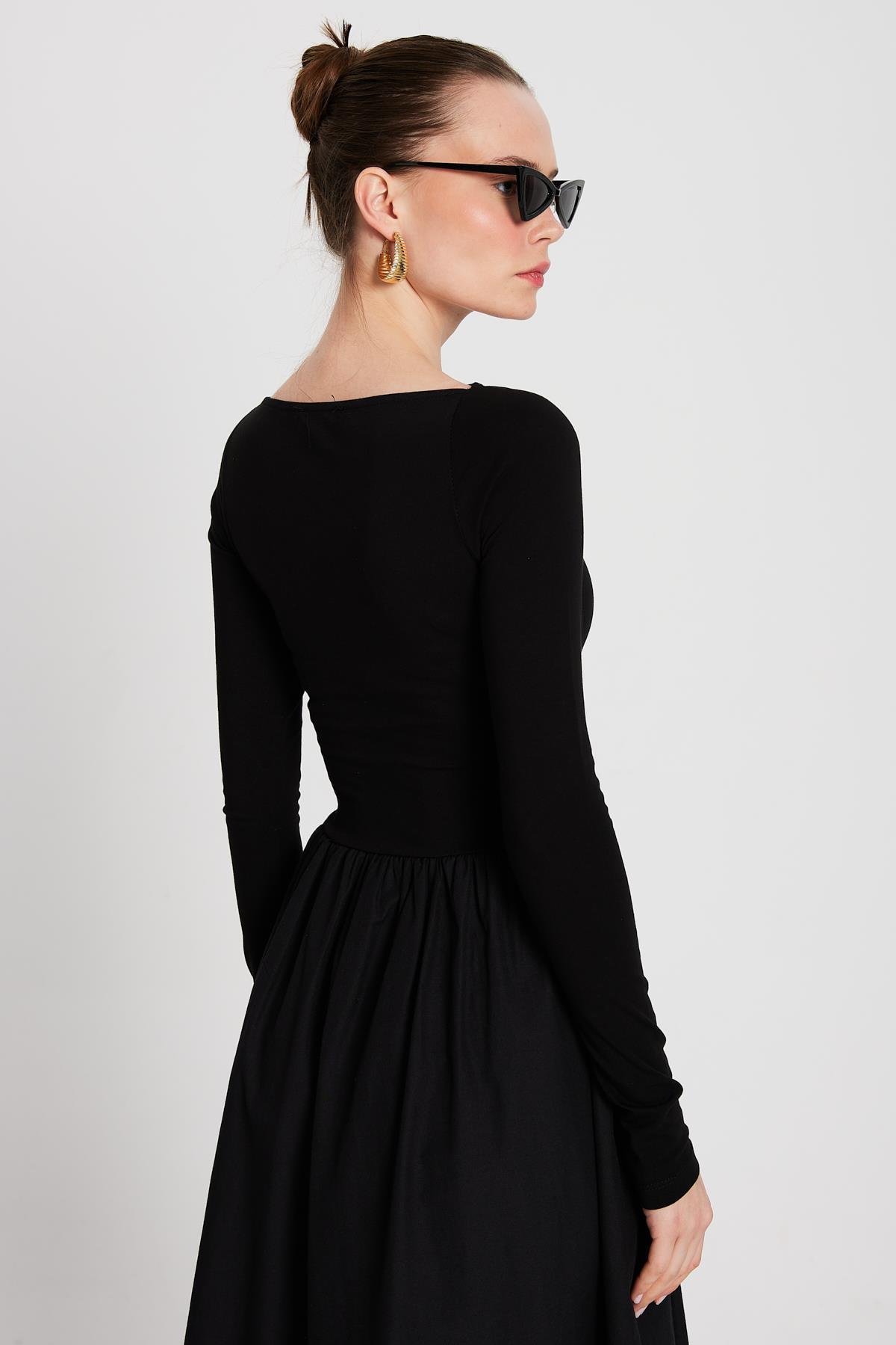 Kadın Siyah Örme ve Dokuma Garnili Elbise 29155