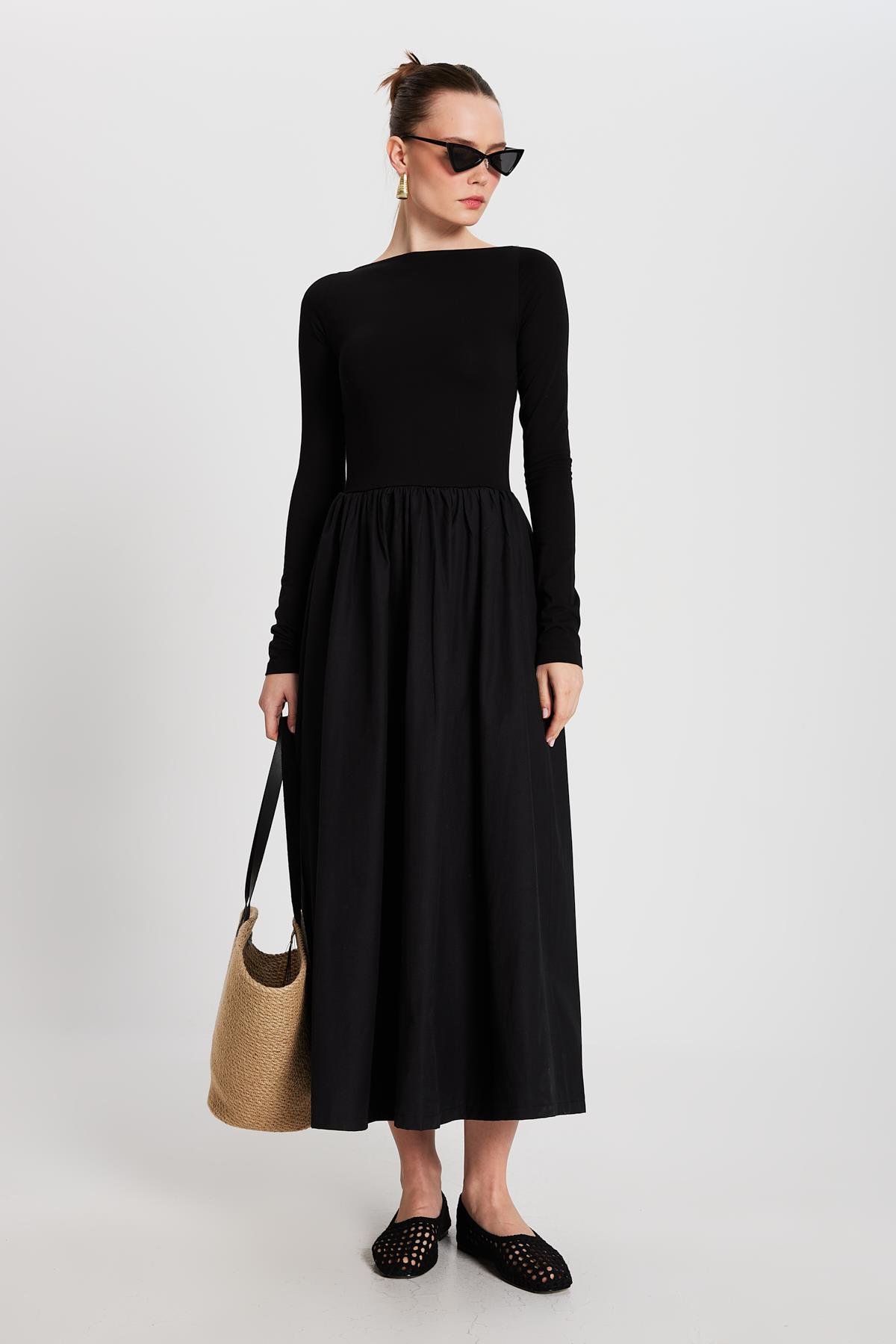 Kadın Siyah Örme ve Dokuma Garnili Elbise 29155