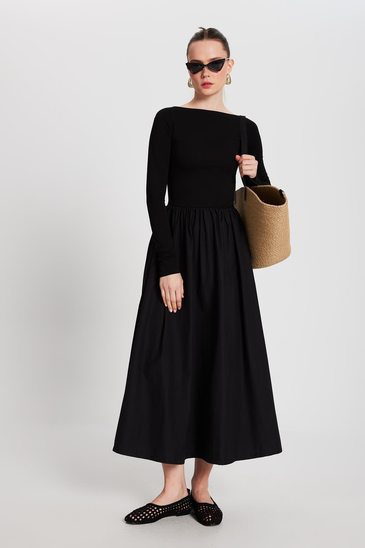 Kadın Siyah Örme ve Dokuma Garnili Elbise 29155