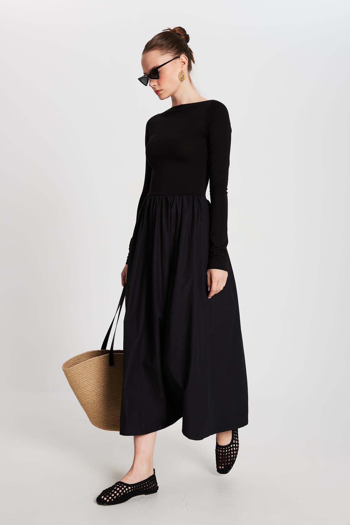 Kadın Siyah Örme ve Dokuma Garnili Elbise 29155