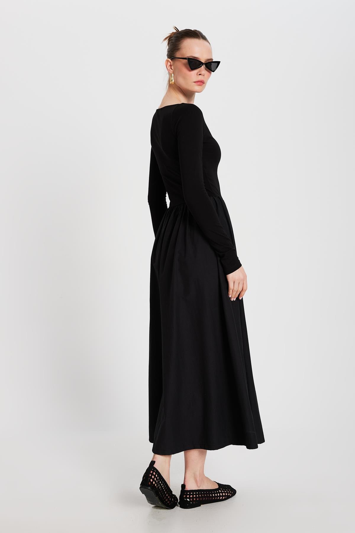 Kadın Siyah Örme ve Dokuma Garnili Elbise 29155