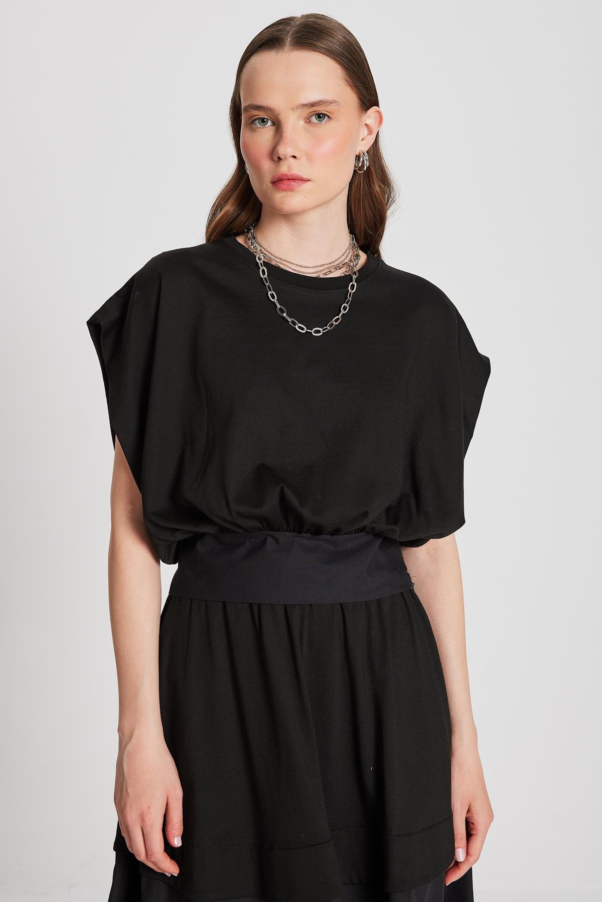 Kadın Siyah Örme ve Dokuma Garnili Tasarım Bluz 29157