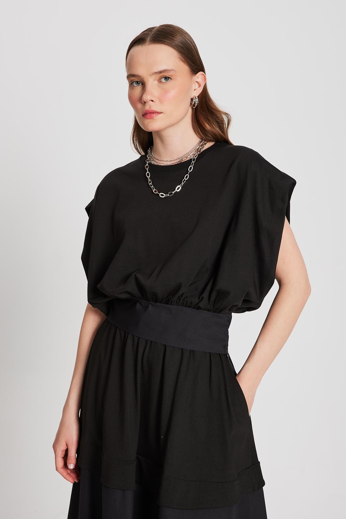 Kadın Siyah Örme ve Dokuma Garnili Tasarım Bluz 29157